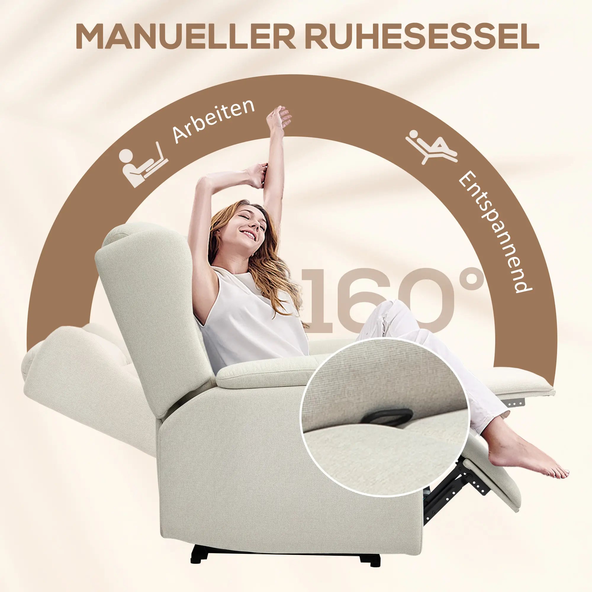HOMCOM Relaxsessel, Verstellbarer Polstersessel mit Fußstütze, 160° neigbar, Leinenoptik, schneller Aufbau, Beige
