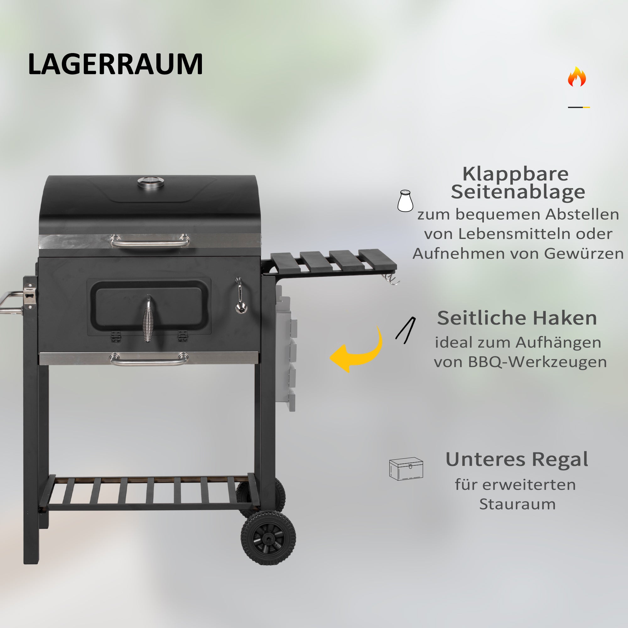 Outsunny Holzkohlegrill Smoker BBQ-Smoker, 1 Ablage, 1 Handtuchhalter, 2 Grillroste, 113 cm x 65 cm x 108 cm, Schwarz