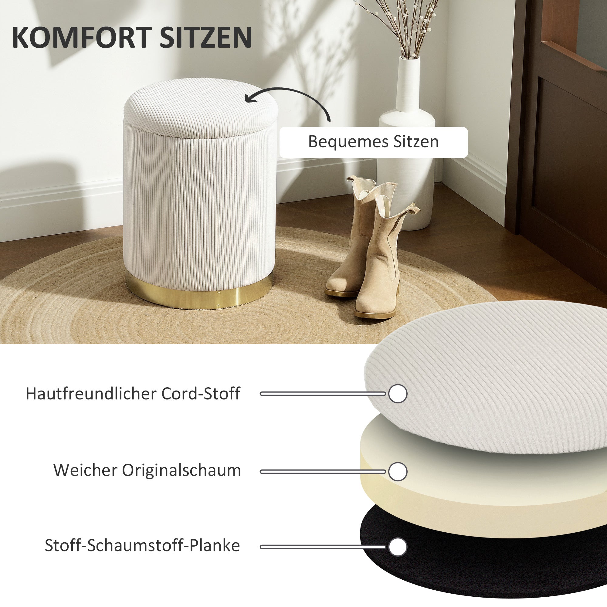 HOMCOM Sitzhocker mit Stauraum klappbare Hocker mit Deckel, Stahlboden, Runder Fußhocker 36 x 36 x 44 cm Cremeweiß