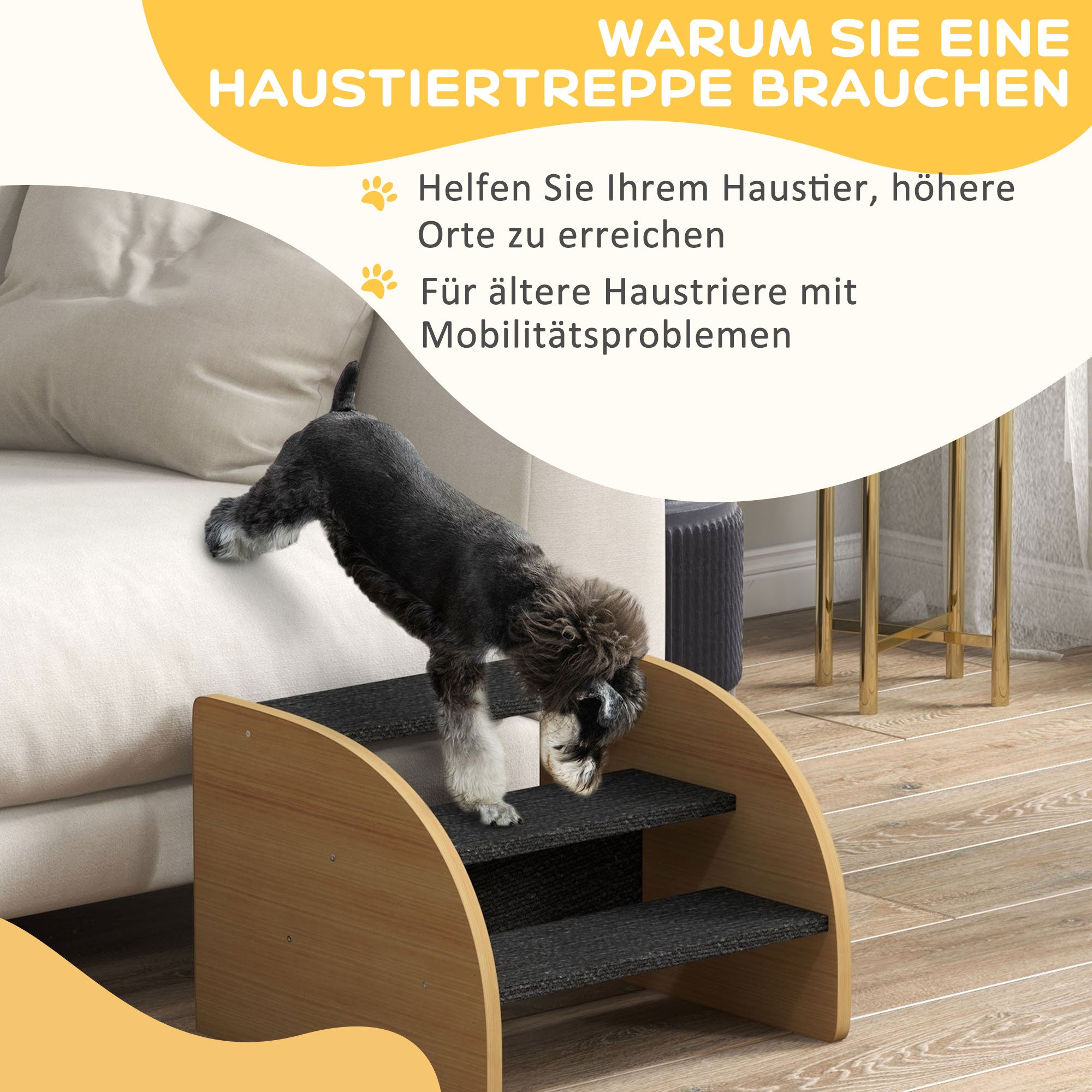 PawHut Haustiertreppe Hundetreppe, 3 Stufen, kleiner Hund, 38,5 cm x 38,5 cm x 30 cm, Eiche + Schwarz