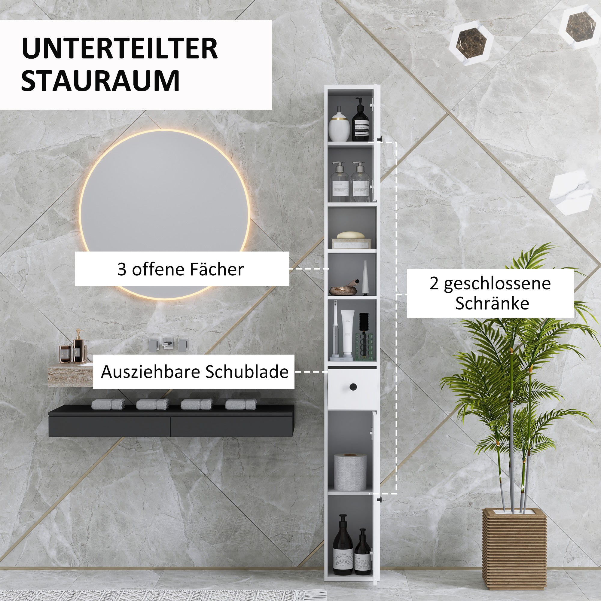 HOMCOM Badezimmerschrank, hoch und schlank, offene und geschlossene Bereiche, Weiß