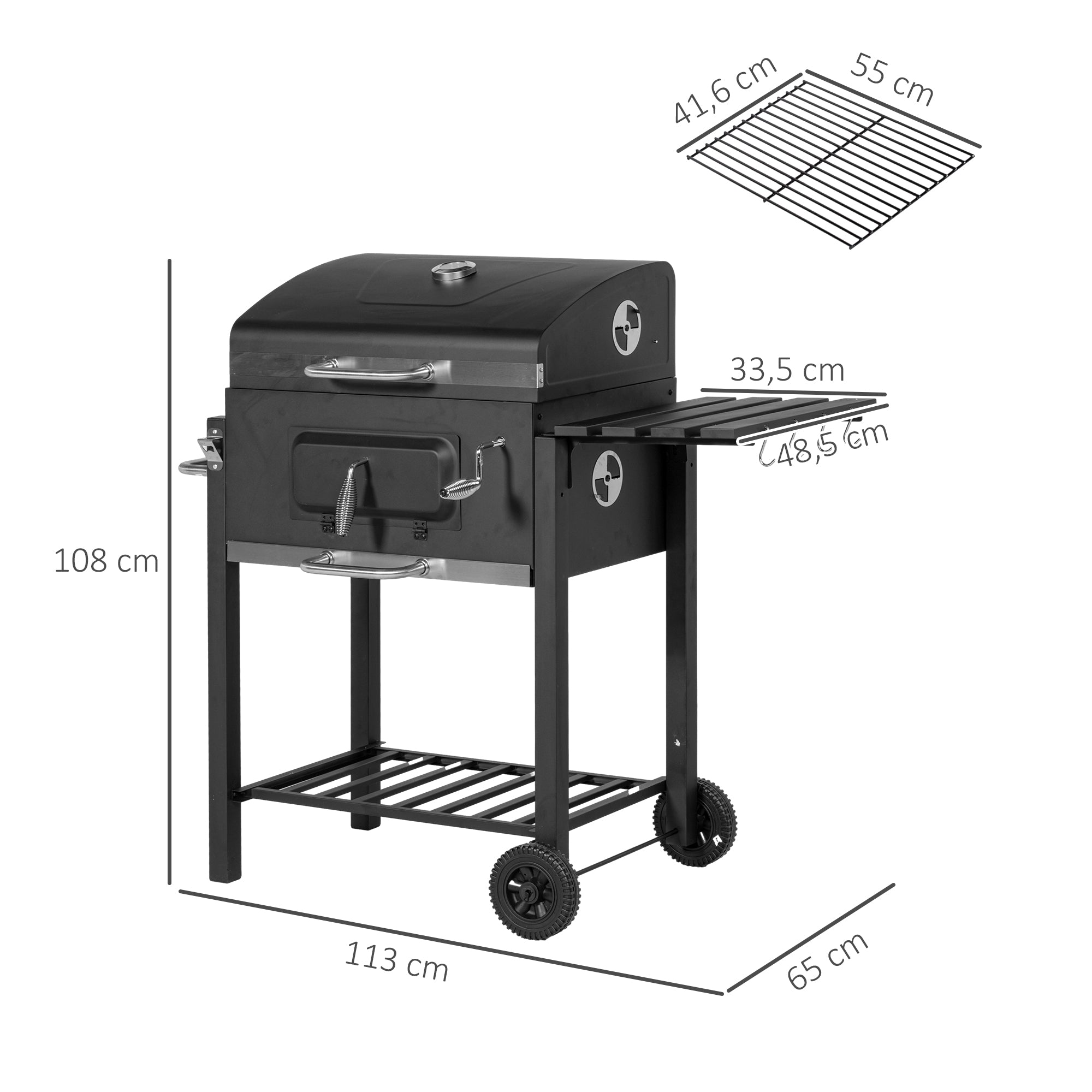 Outsunny Holzkohlegrill Smoker BBQ-Smoker, 1 Ablage, 1 Handtuchhalter, 2 Grillroste, 113 cm x 65 cm x 108 cm, Schwarz