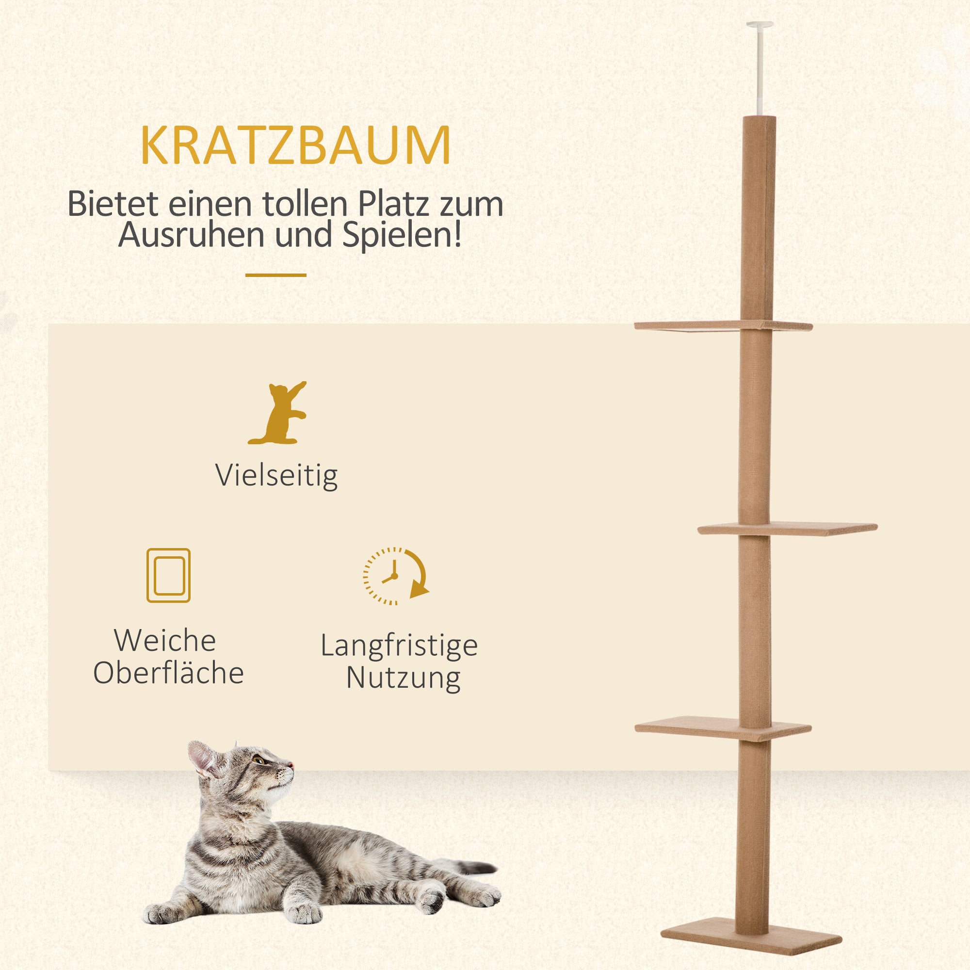 PawHut Kratzbaum Deckenhoch, 228-260 cm Höhenverstellbarer Katzenbaum Kletterbaum für Katzen mit 3 Ebenen, Katzenkratzbaum, Spielbaum vom Boden bis zur Decke Hellbraun