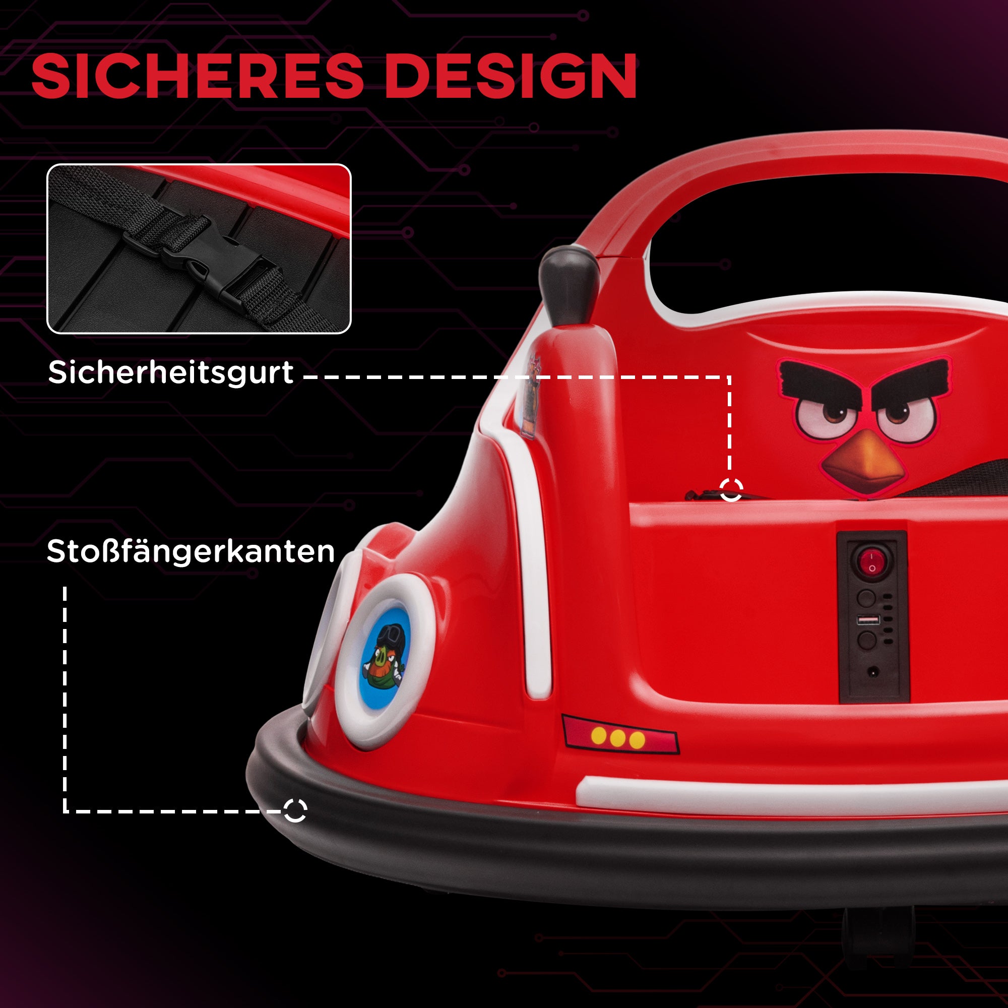 AIYAPLAY Kinder-Autoscooter, 360°-Drehung, für 3-5 Jahre, mit Fernbedienung, Musik, Rot