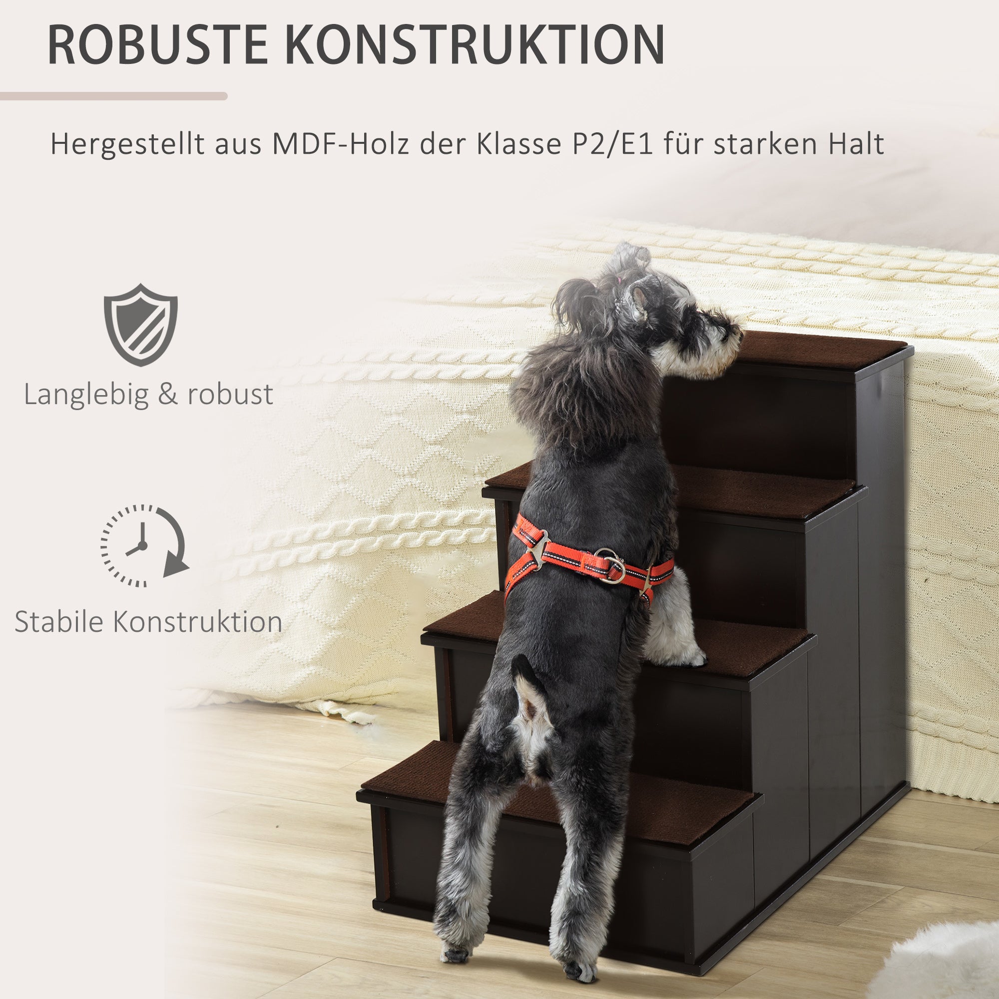 PawHut Haustiertreppe, für Hunde/Katzen, 4-stufig, Kurzplüsch, bis 30 kg, 40 x 59 x 54,2 cm, Dunkelbraun