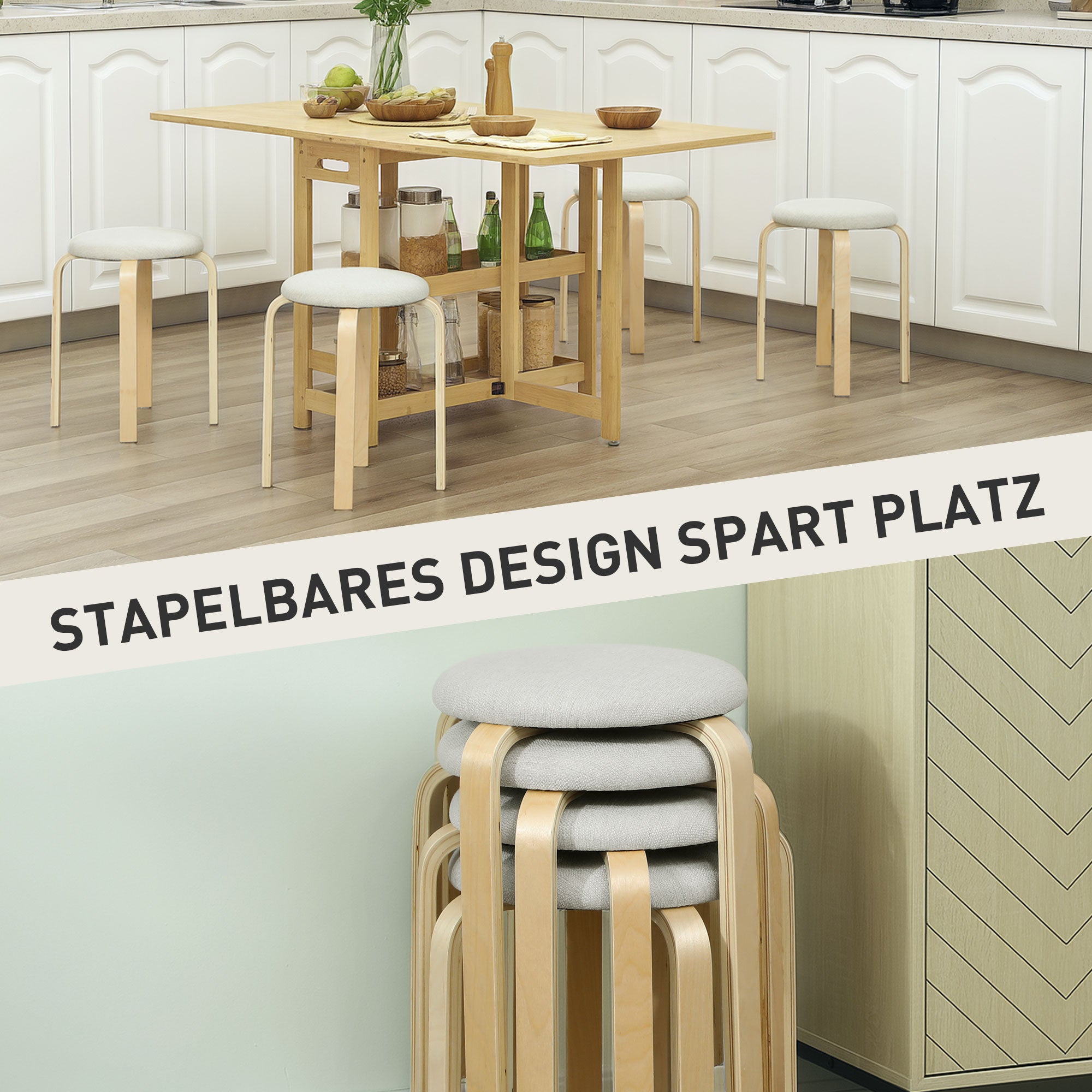 HOMCOM Polsterhocker im 4er-Set, stapelbar, lackierte Oberfläche, Holzbeine, Cremeweiß