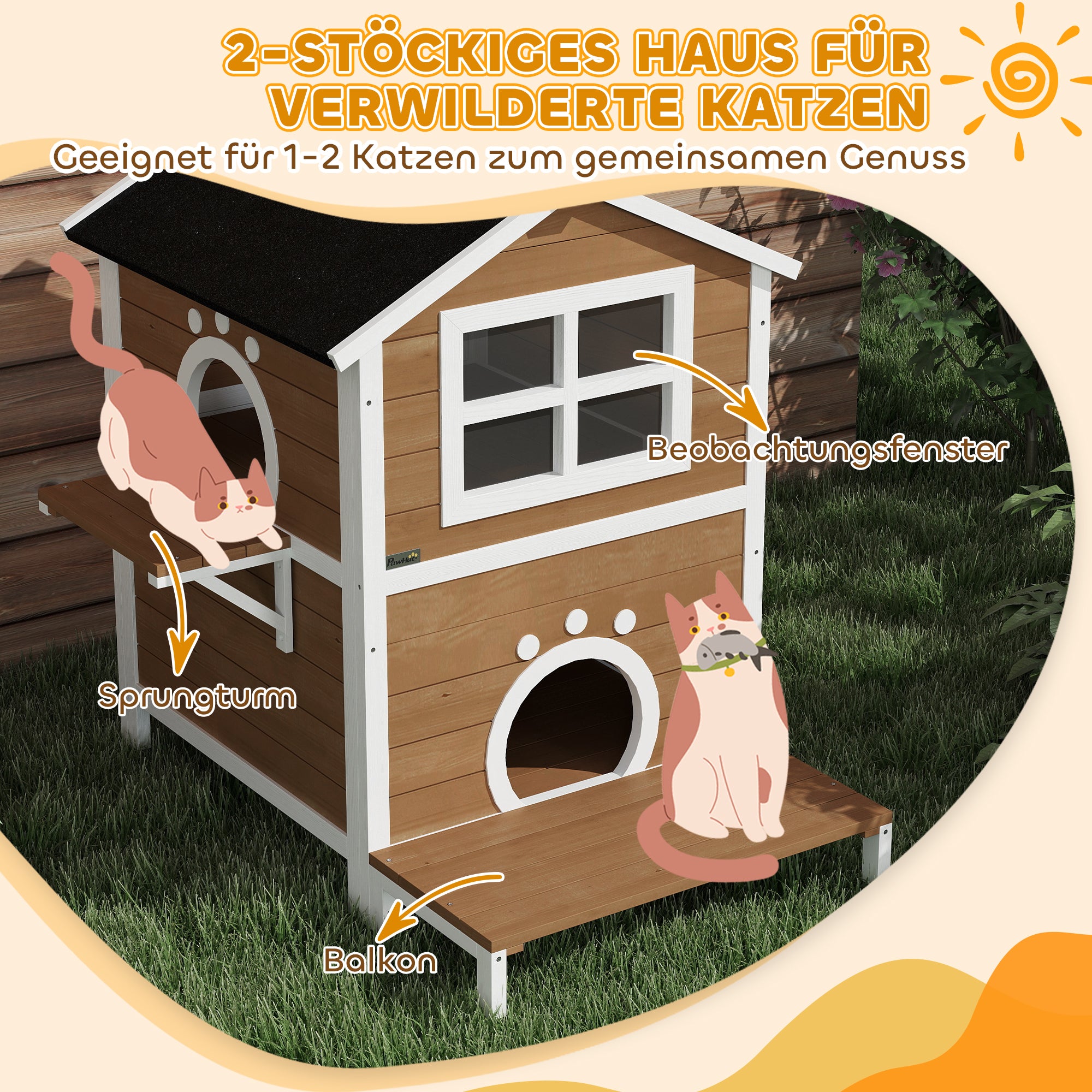 PawHut Outdoor-Katzenhaus mit wetterfestem Dach, Fenster, Balkon, herausnehmbarem Boden, 2 Ebenen, für 1-2 Katzen, Braun