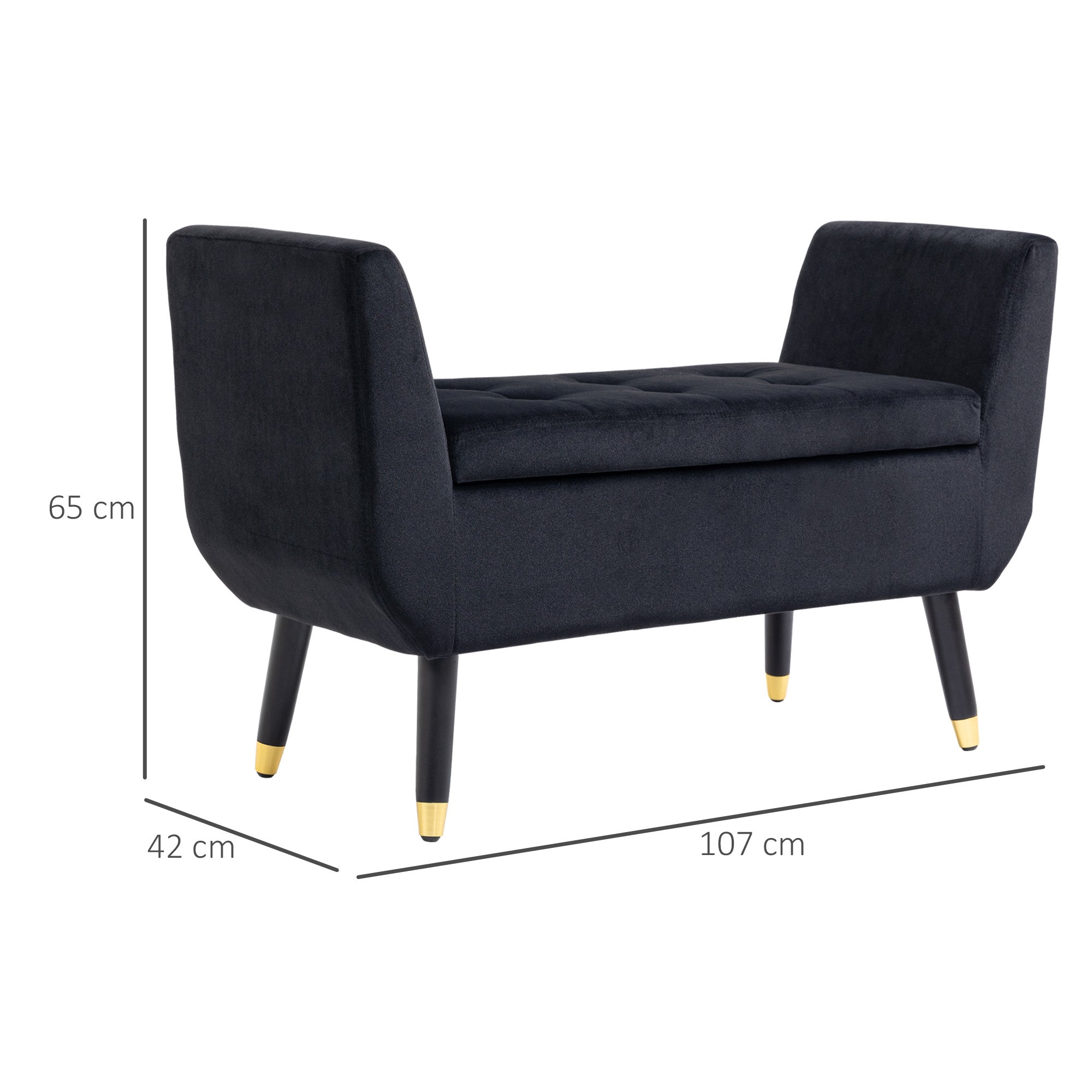 HOMCOM Sitzbank mit Stauraum Armlehnen Polsterbank mit Samtoptik, Sitztruhe mit Holzbeine, Truhenbank für Wohnzimmer Schlafzimmer Flur 107 x 42 x 65 cm, Schwarz