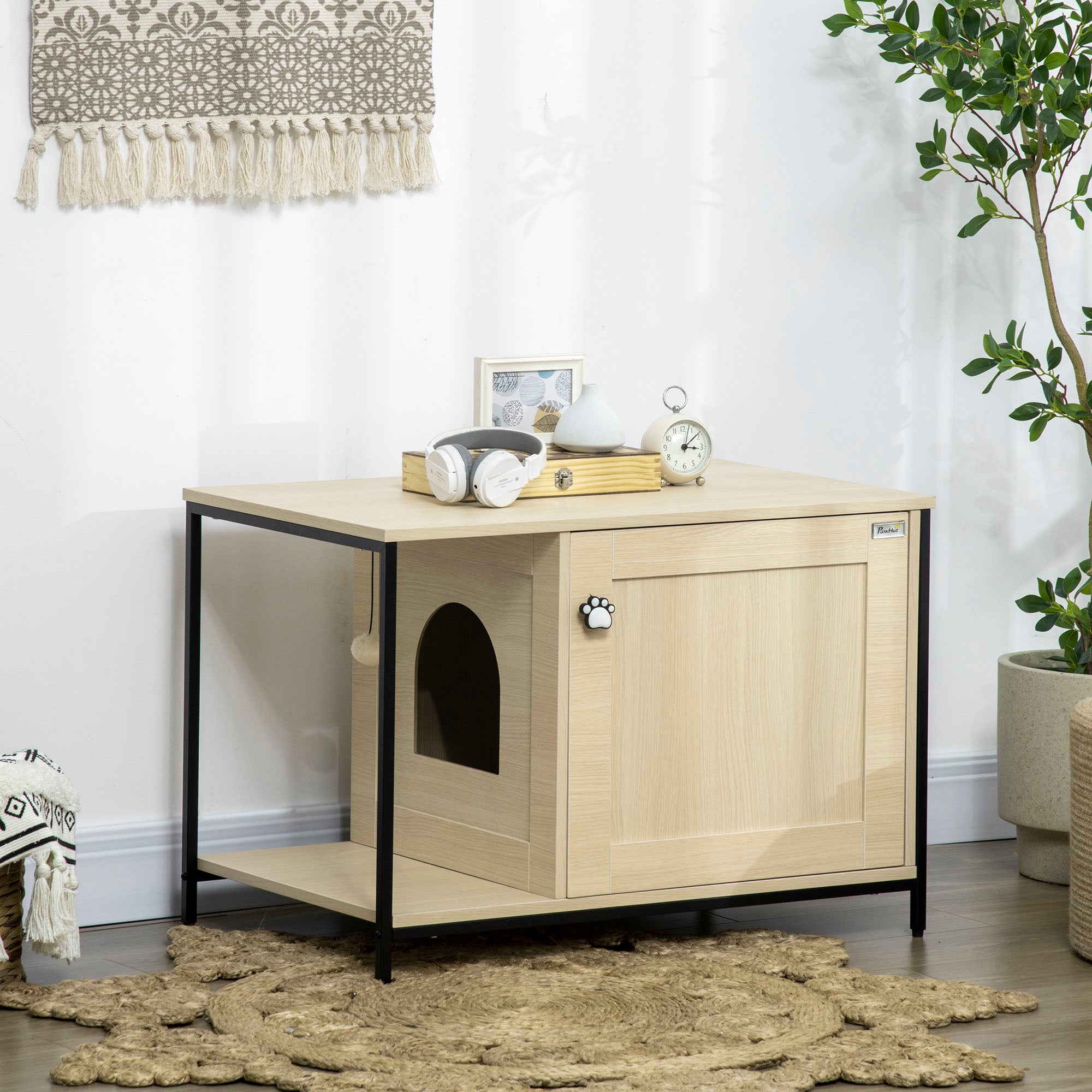 PawHut Katzenschrank Katzentoilette multifunktional Magnettür Eiche