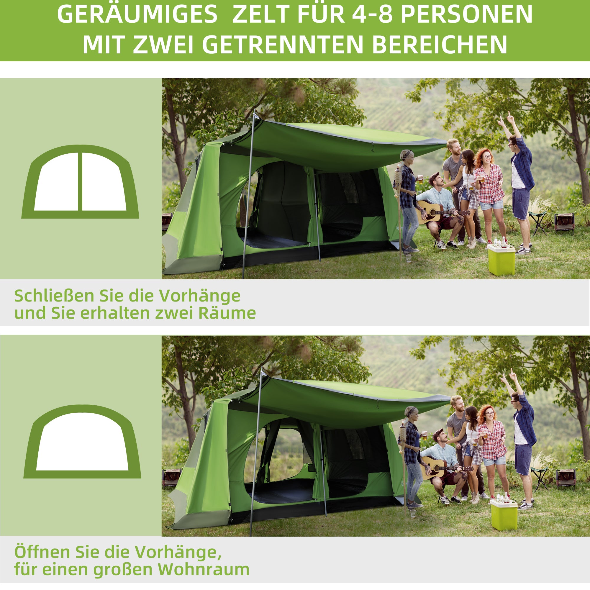 Outsunny Campingzelt Kuppelzelt Familienzelt 2 Schlafkabinen 4-8 Personen L405 x B305 x H225cm
