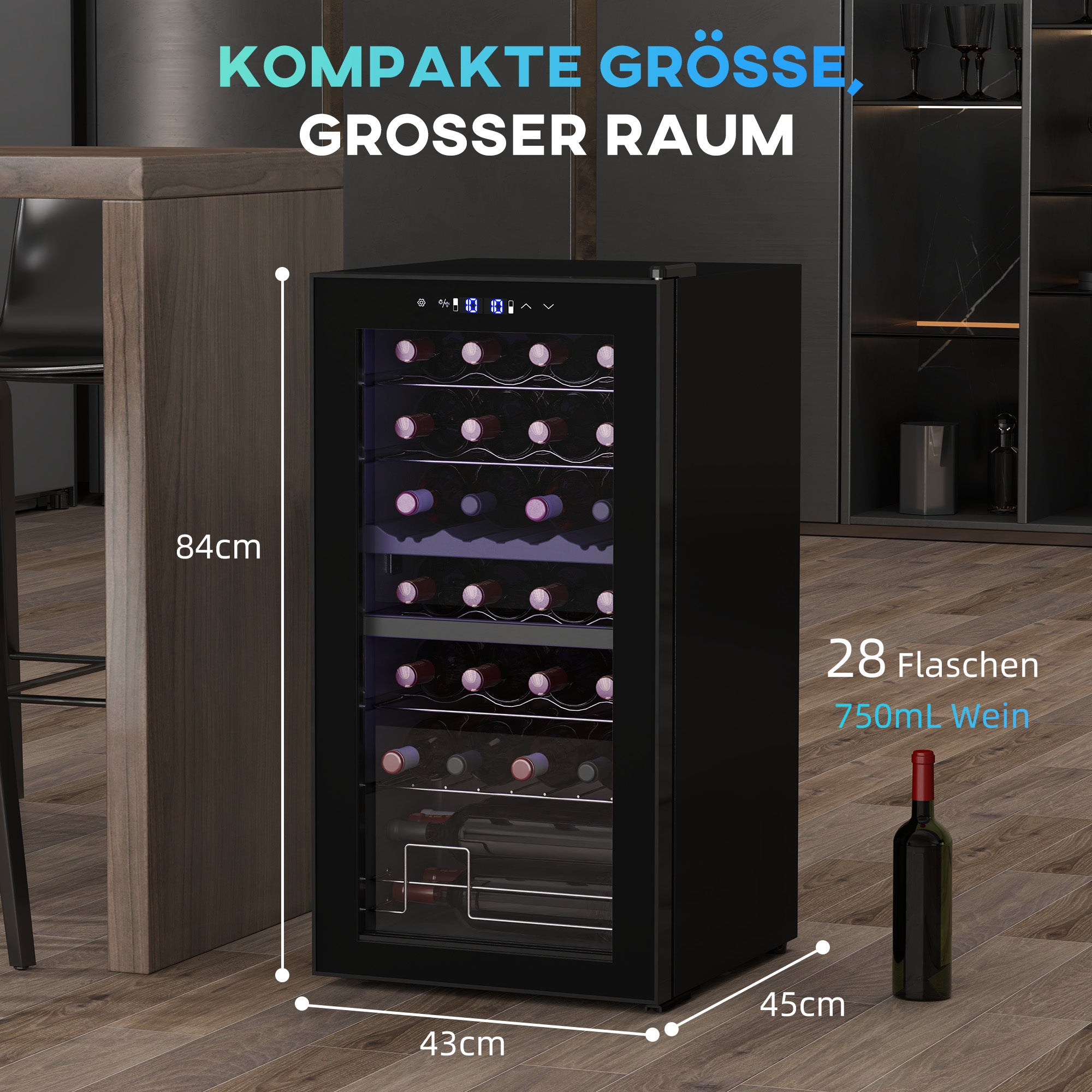 HOMCOM Kleiner Weinkühlschrank, Mini-Kühlschrank für 28 Flaschen, 74 Liter Kapazität, Glastür, LED-Beleuchtung, Touch-Screen