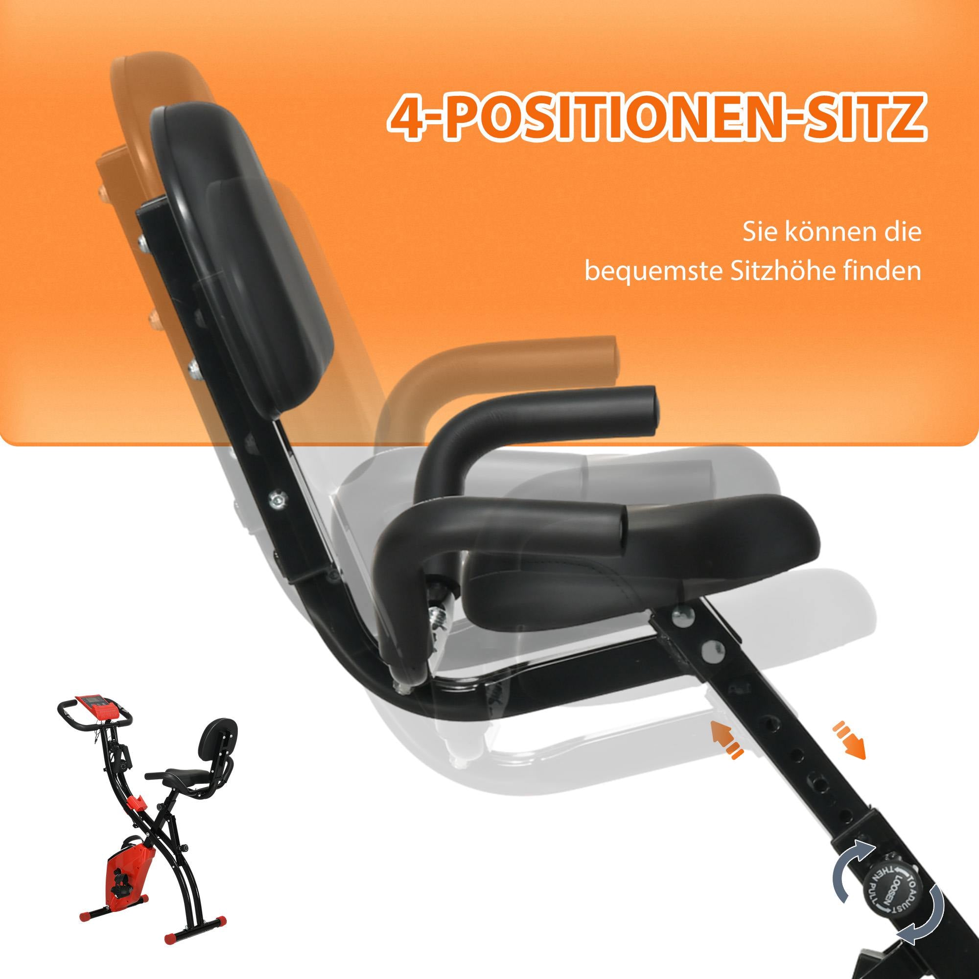 HOMCOM Heimtrainer X-Bike 2-in-1 Fahrradtrainer mit LCD-Display,Pulsmesser, klappbarer Hometrainer Trimmrad mit 8 stufig Magnetwiderstand, 1 Paar Spannseil, Stahl Rot 105x48x118 cm