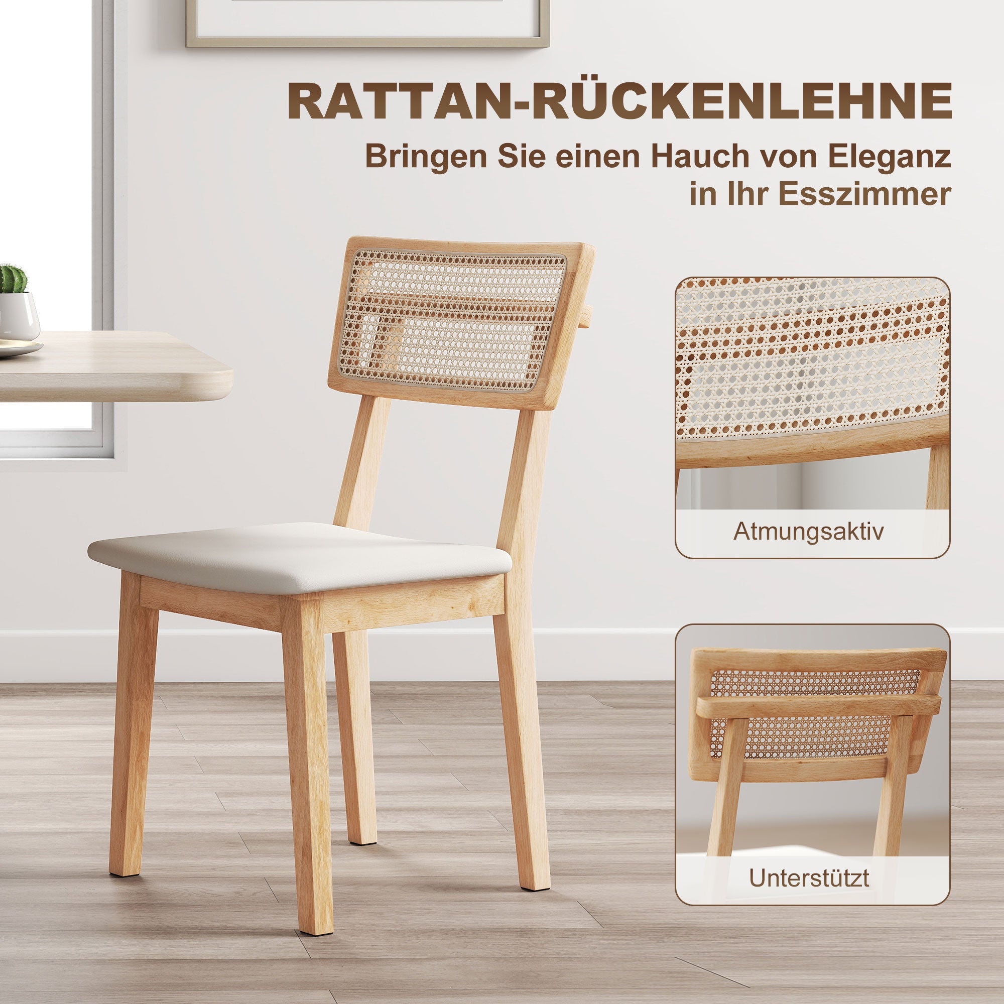 HOMCOM Esszimmerstuhl, Rattan-Rückenlehne, Kunstleder-Sitz, Kautschukholz, Naturholz