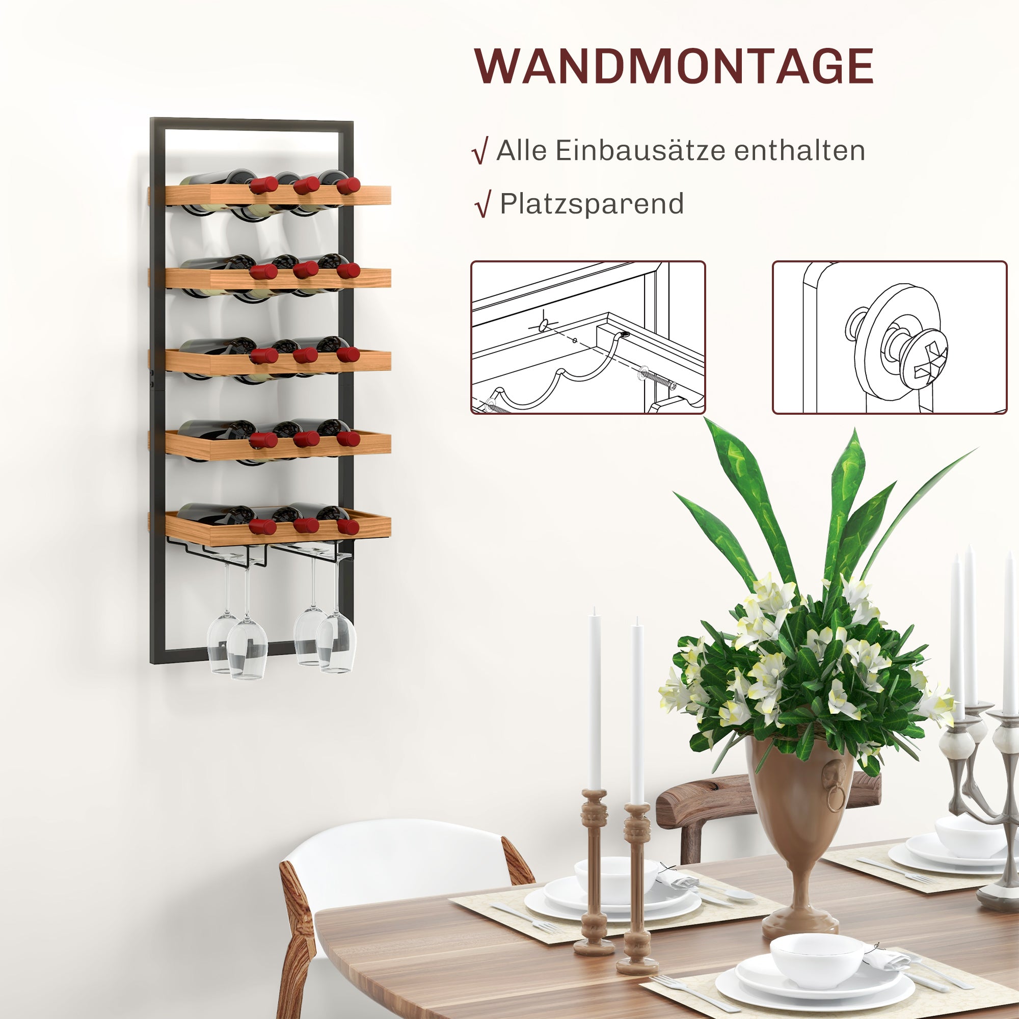HOMCOM Wand-Weinregal, 5 Ebenen, Flaschenhalter, Gläserhalter, Kiefernholz, Stahl, Hausbar, Küche, Wohnzimmer, Braun