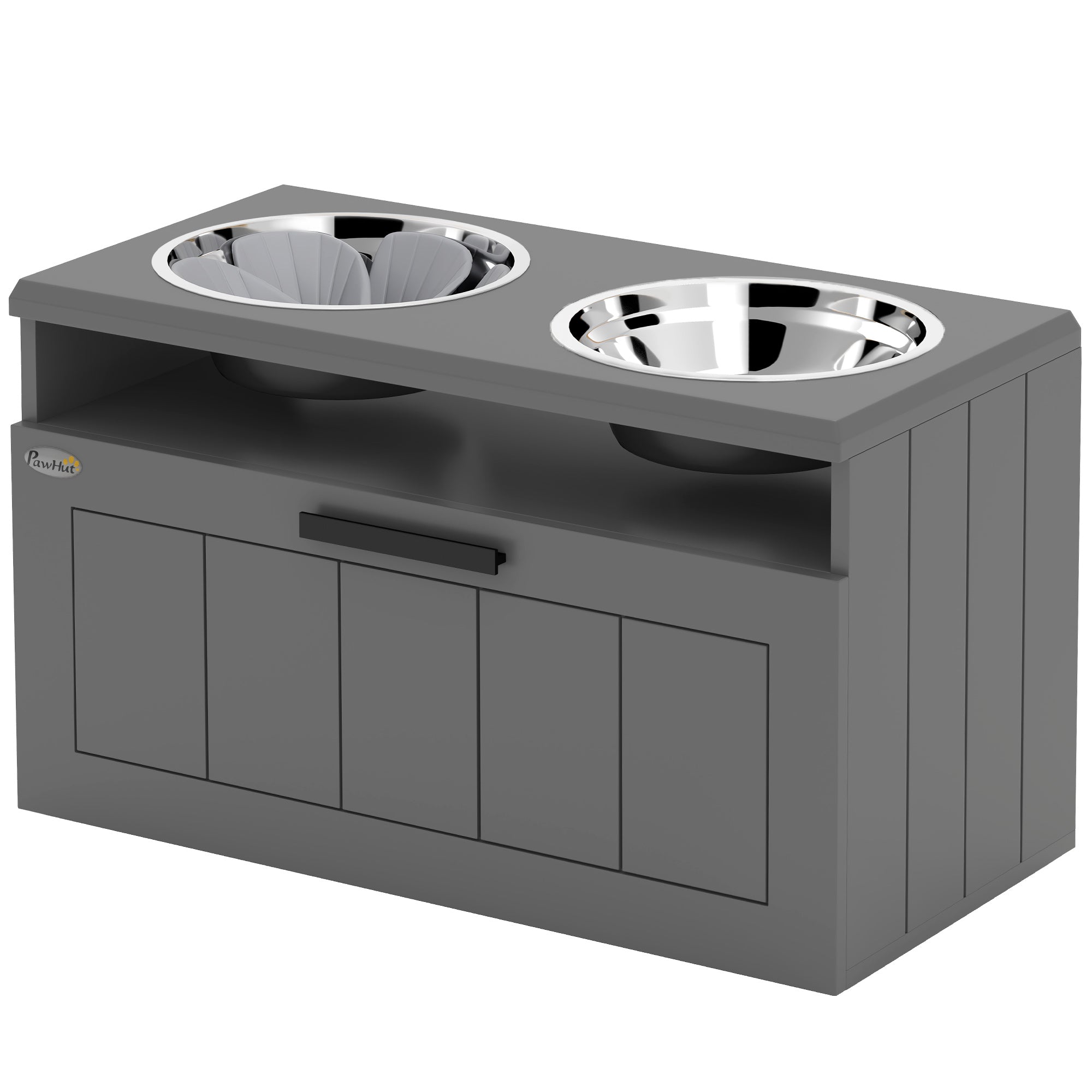 PawHut Futterstation für große Hunde, mit 2 Edelstahlnäpfen, Schublade, Futterspender für Haustiere, MDF, Stahl, Grau