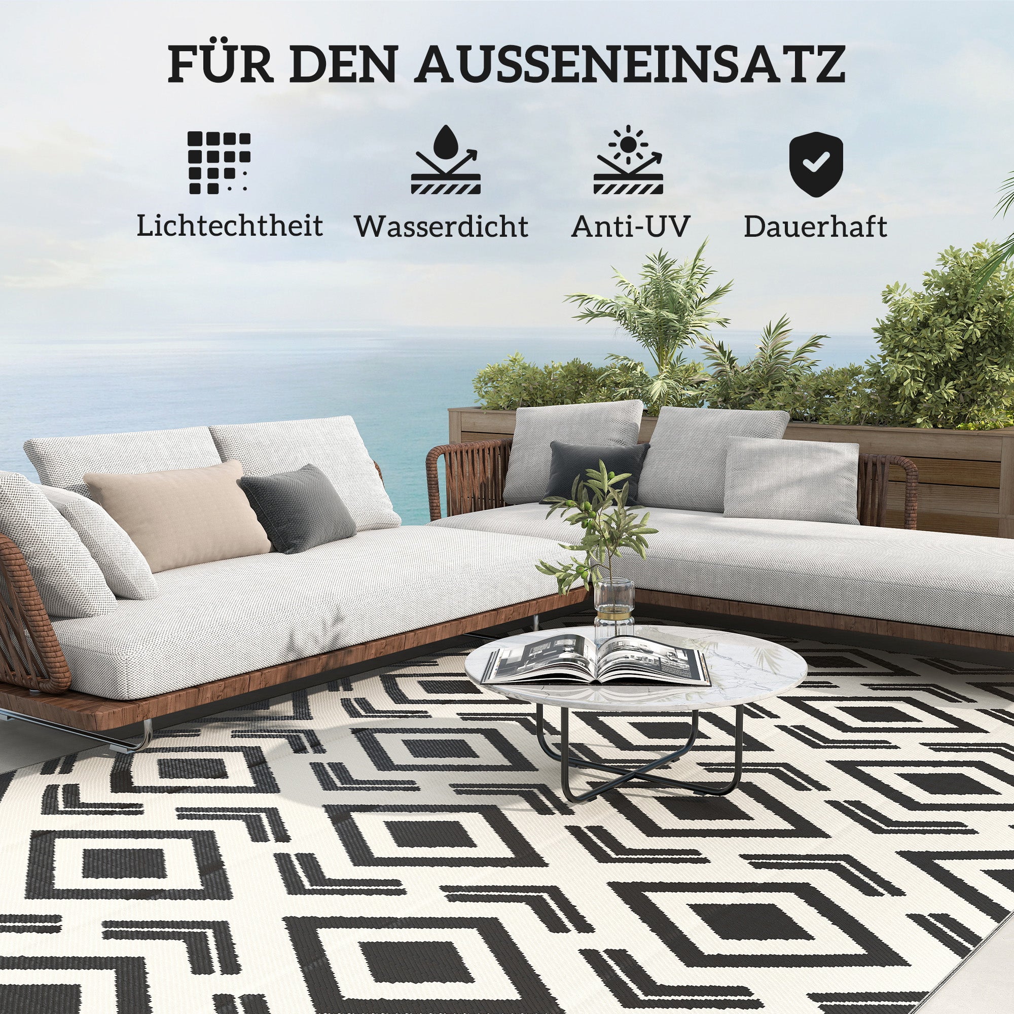 Outsunny Outdoor Teppich robuster Wetterfest Outdoorteppich mit Tragtasche, faltbar Carpet Boho-Style 182 x 274 cm Schwarz+Weiß