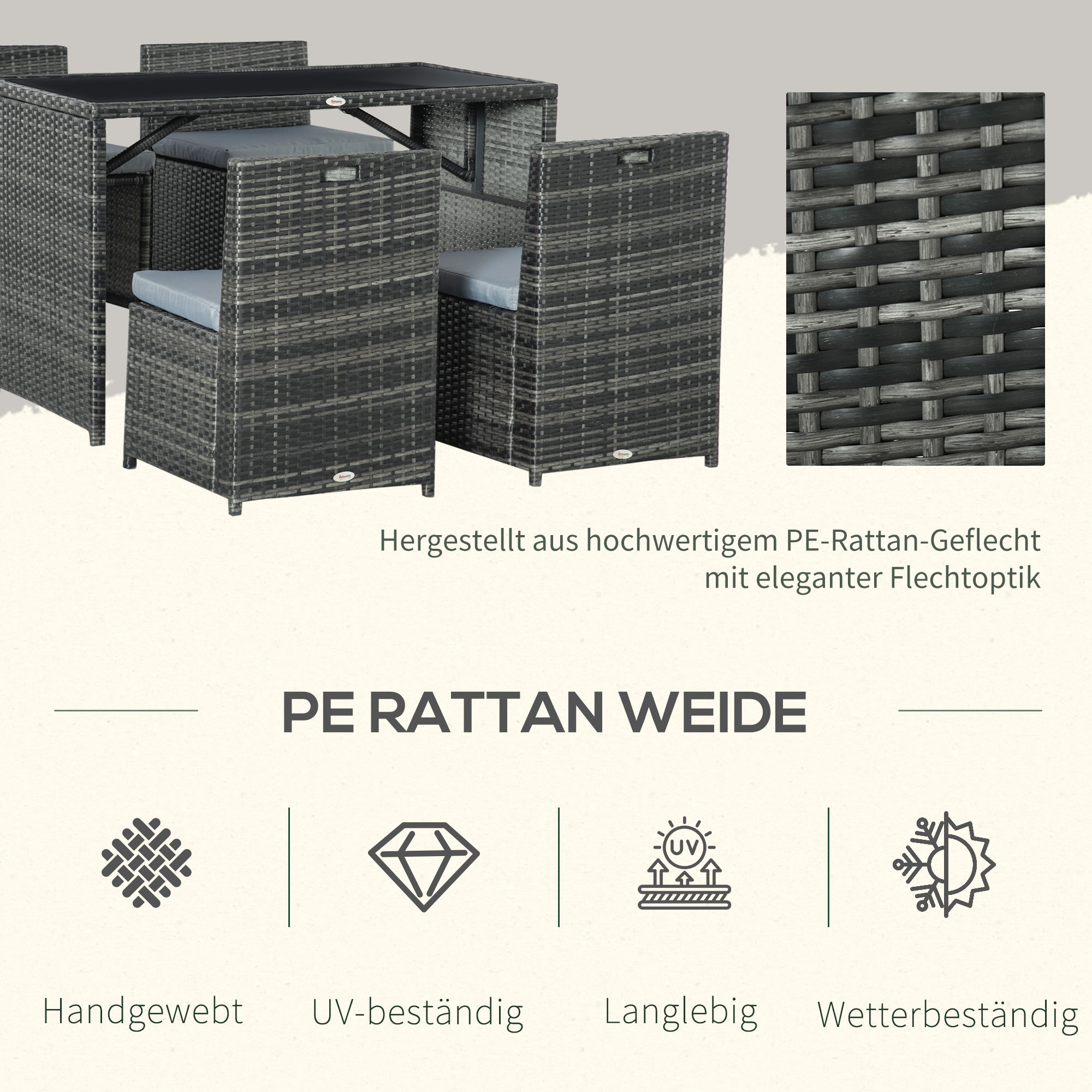 Outsunny Gartenmöbelset für 4 Personen, 4 Stühle & 1 Tisch, inkl. Sitzauflagen, Polyrattan, rostfreier Stahlrahmen, Grau