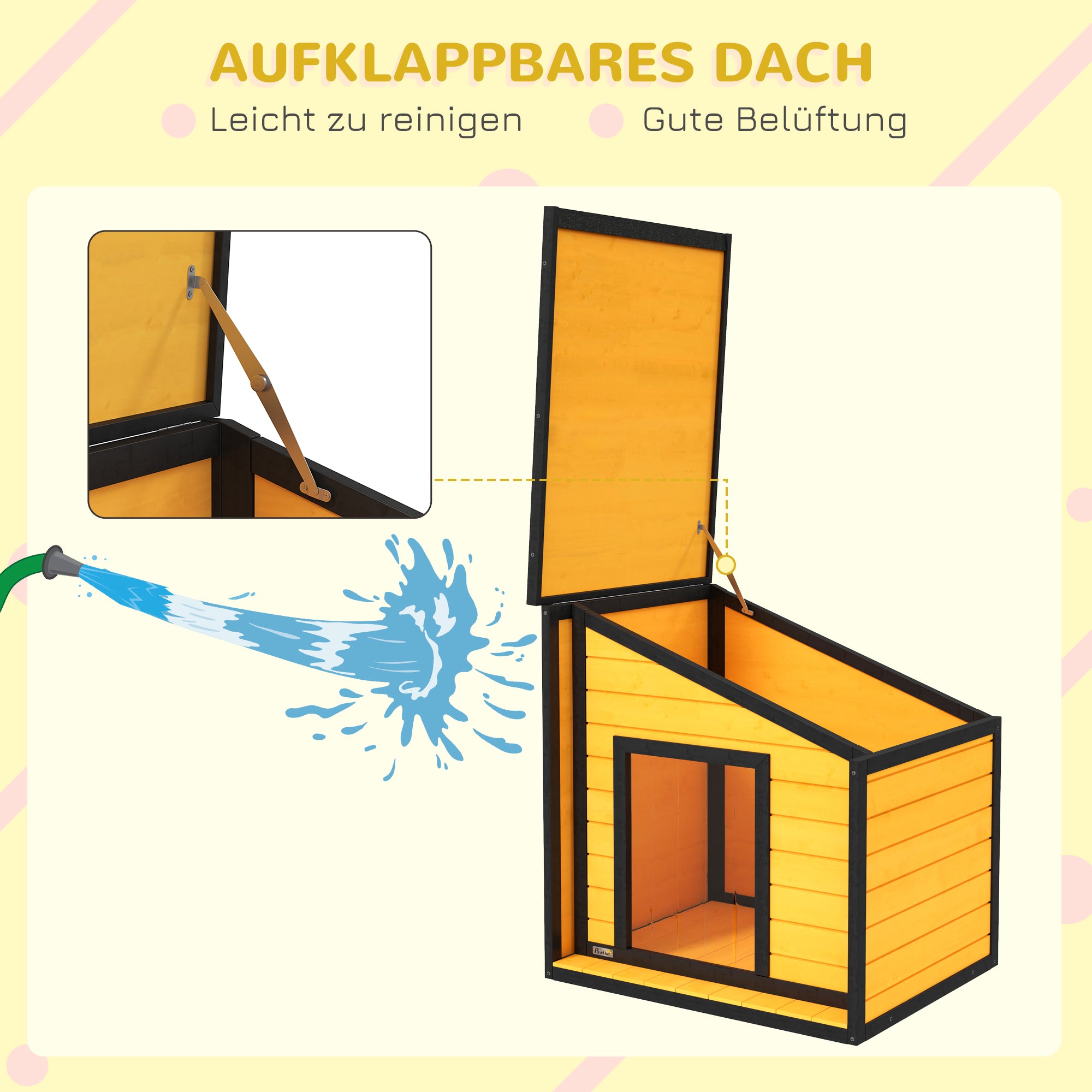 PawHut Hundehütte, aufklappbares Asphaltdach, Vorhang, 71x58x53/77 cm, Schwarz/Gelb