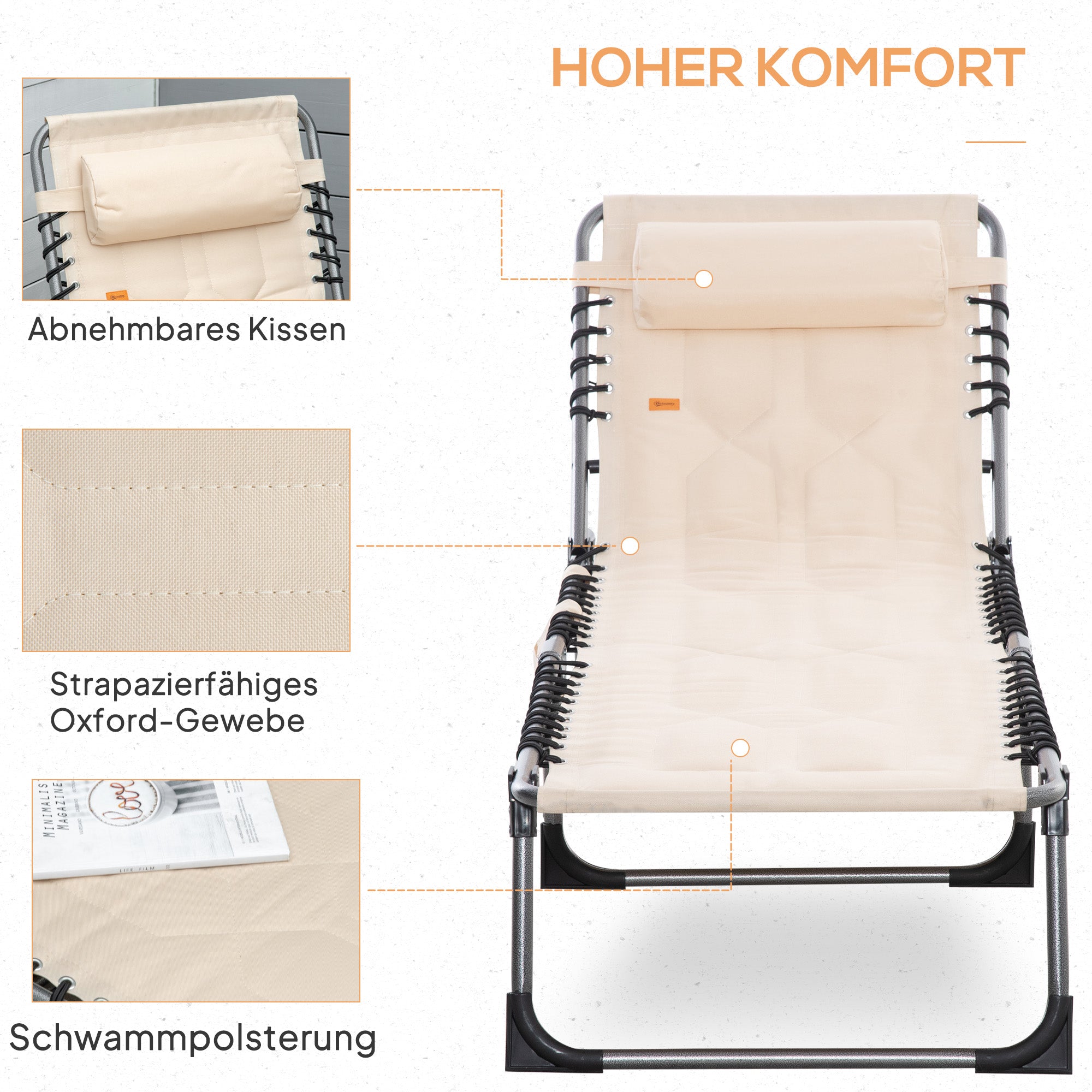 Outsunny Sonnenliege, Faltbare Gartenliege, Klappliege mit Kissen, 5-stufige Rückenlehne, Oxfordstoff, 188 x 57 x 30 cm, Beige