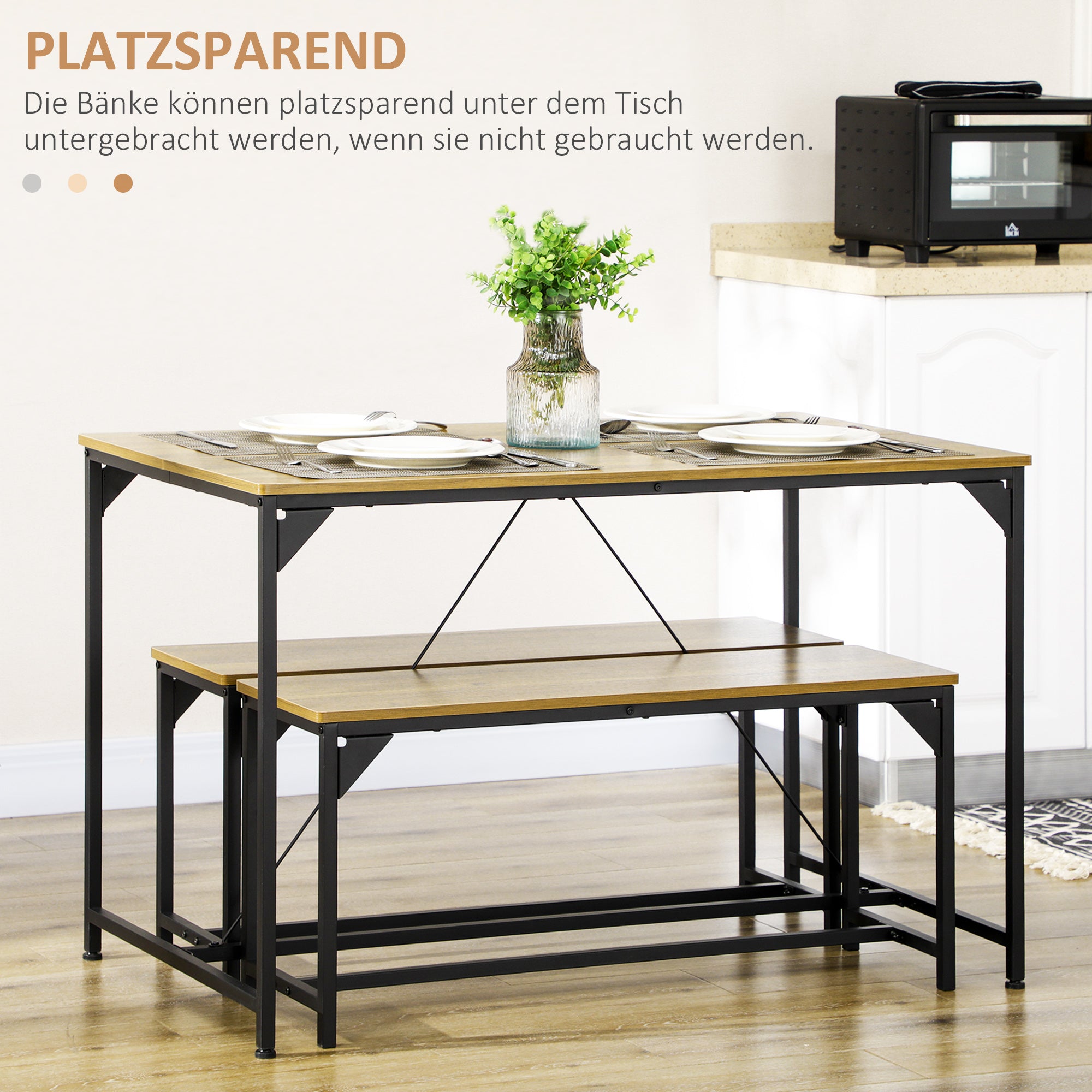 HOMCOM Essgruppe 4 Personen Esstisch mit 2 Bänken, Industriedesign, 120 cm x 70 cm x 75 cm, Schwarz + Natur