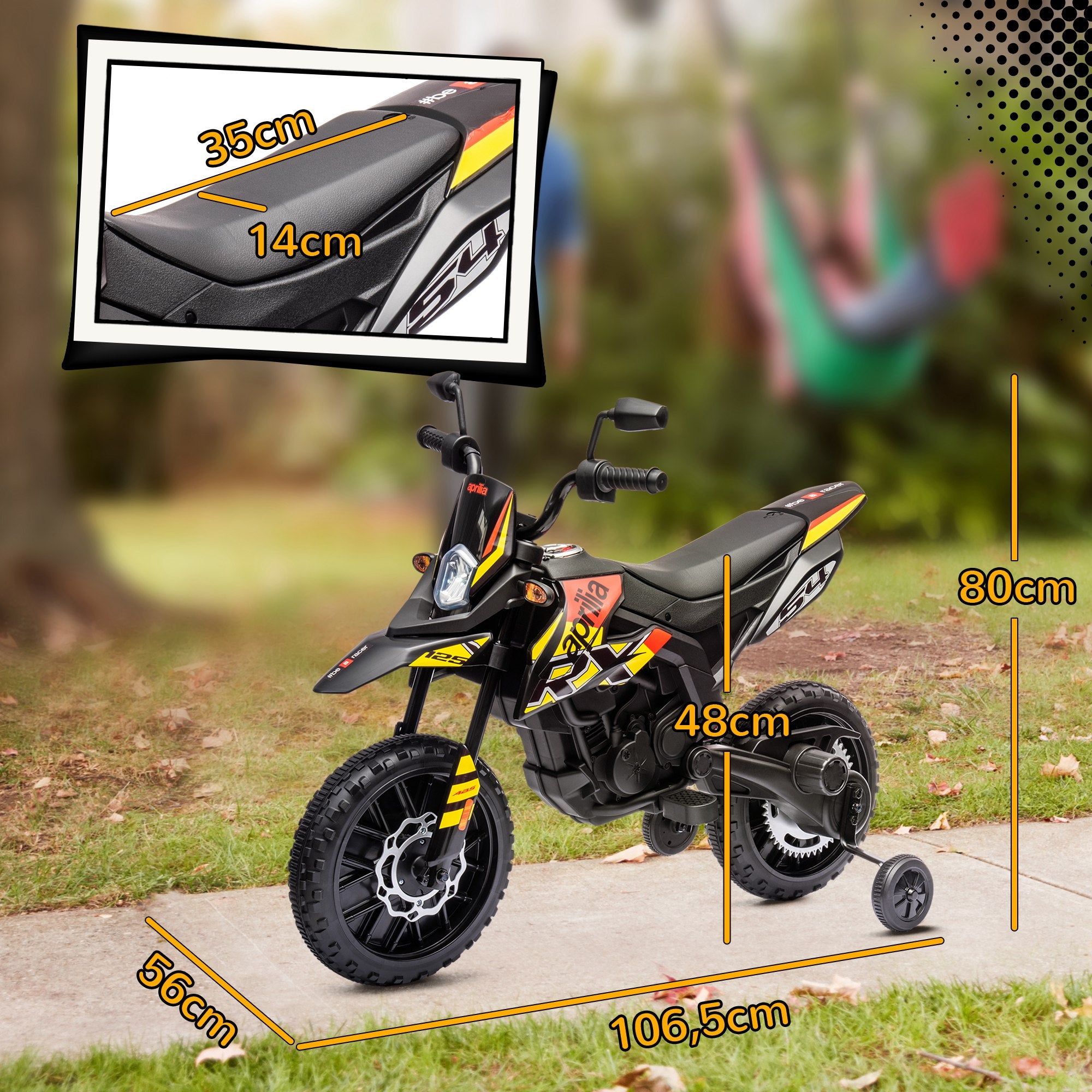AIYAPLAY 12V Kinder-Motorrad mit Stützrädern, LED-Lichtern, Musik, USB, Elektro-Motorrad für Jungen und Mädchen, Gelb