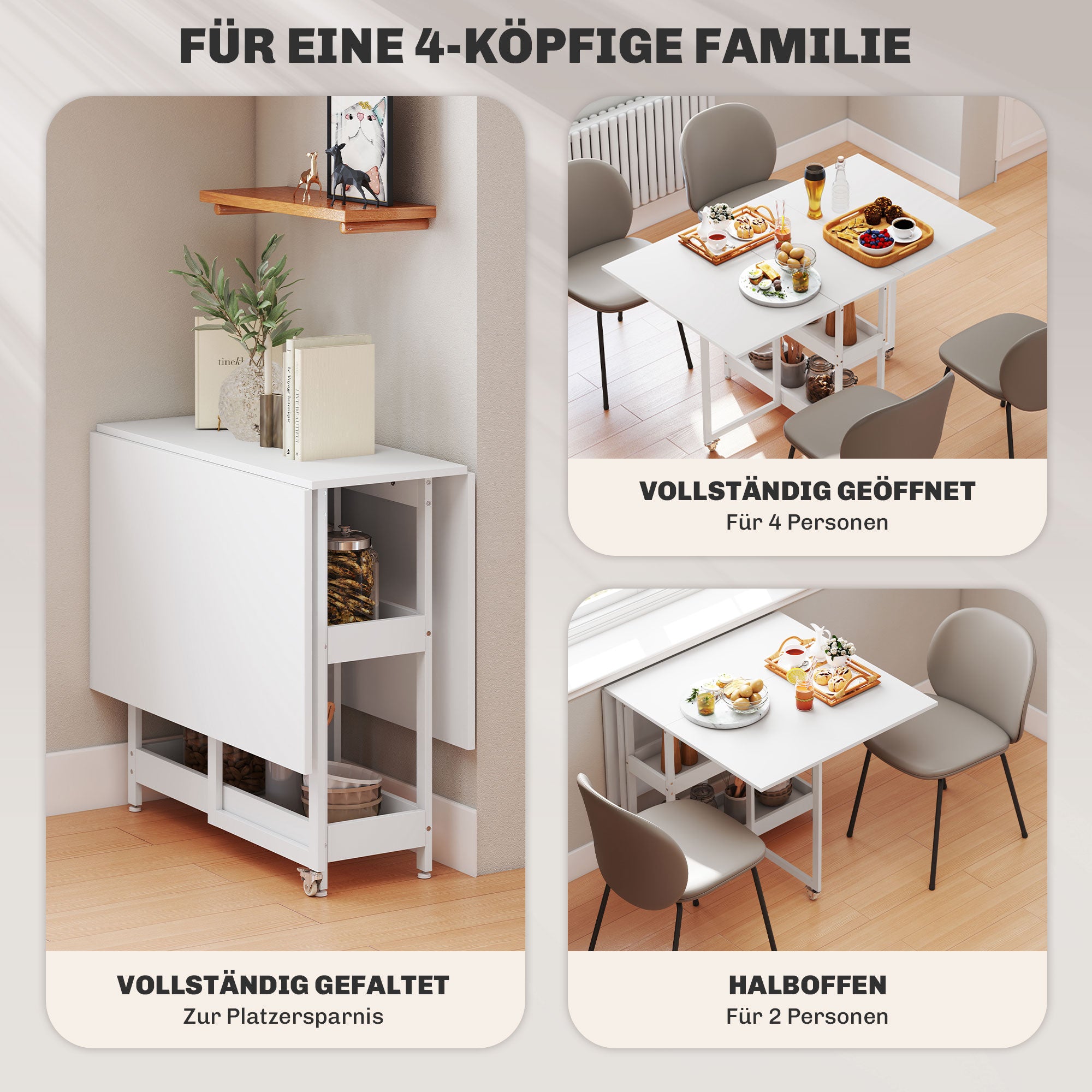 HOMCOM Klappbarer Esstisch im Industriedesign, für bis zu 4 Personen, offene Regale, flexibel, Metall, Spanplatte, Weiß