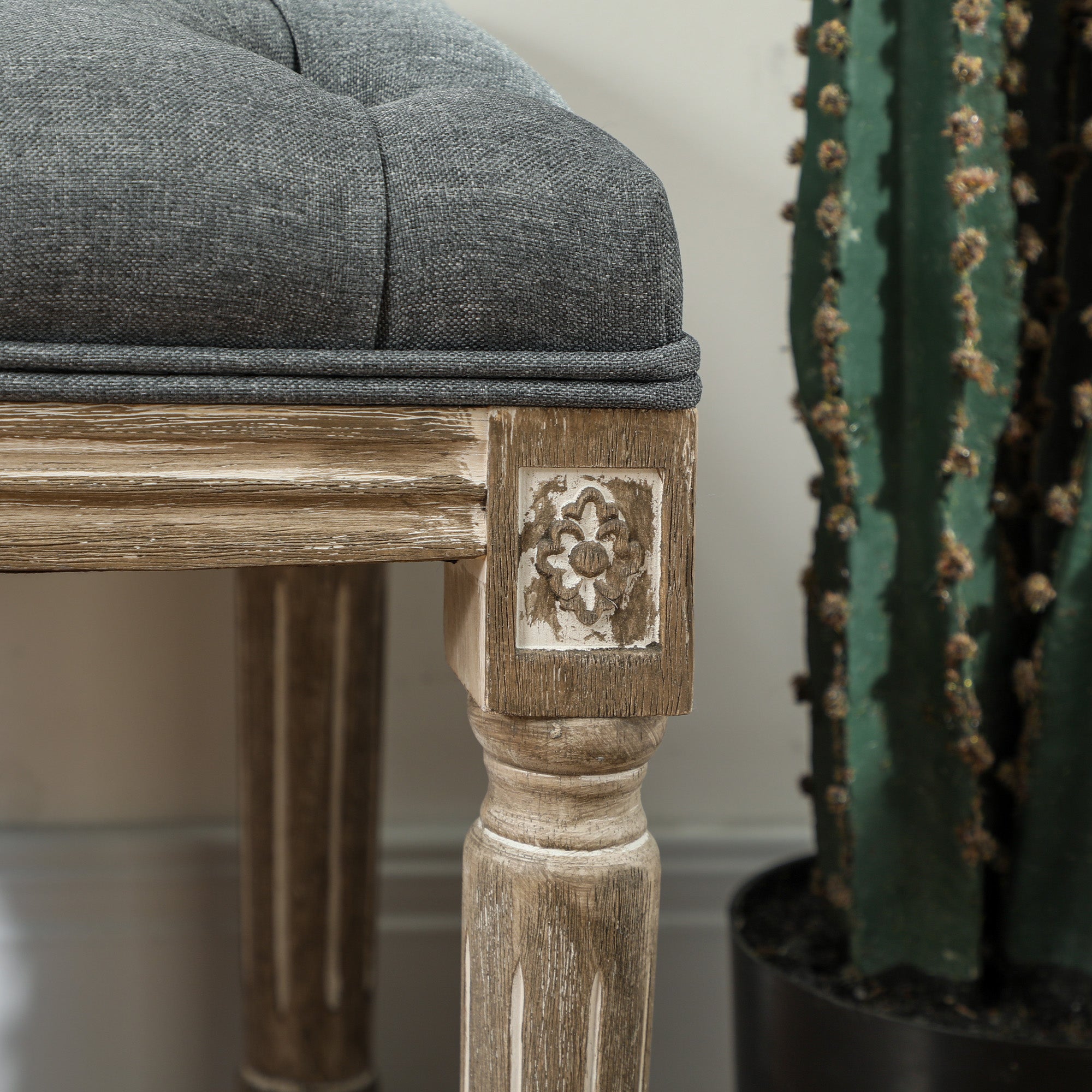 HOMCOM Polsterbank, Sitzbank, Bettbank mit Leinenoptik, Schminkbank für Flur, Diele, Schlafzimmer, Gummiholz, Grau, 81 x 41 x 41 cm