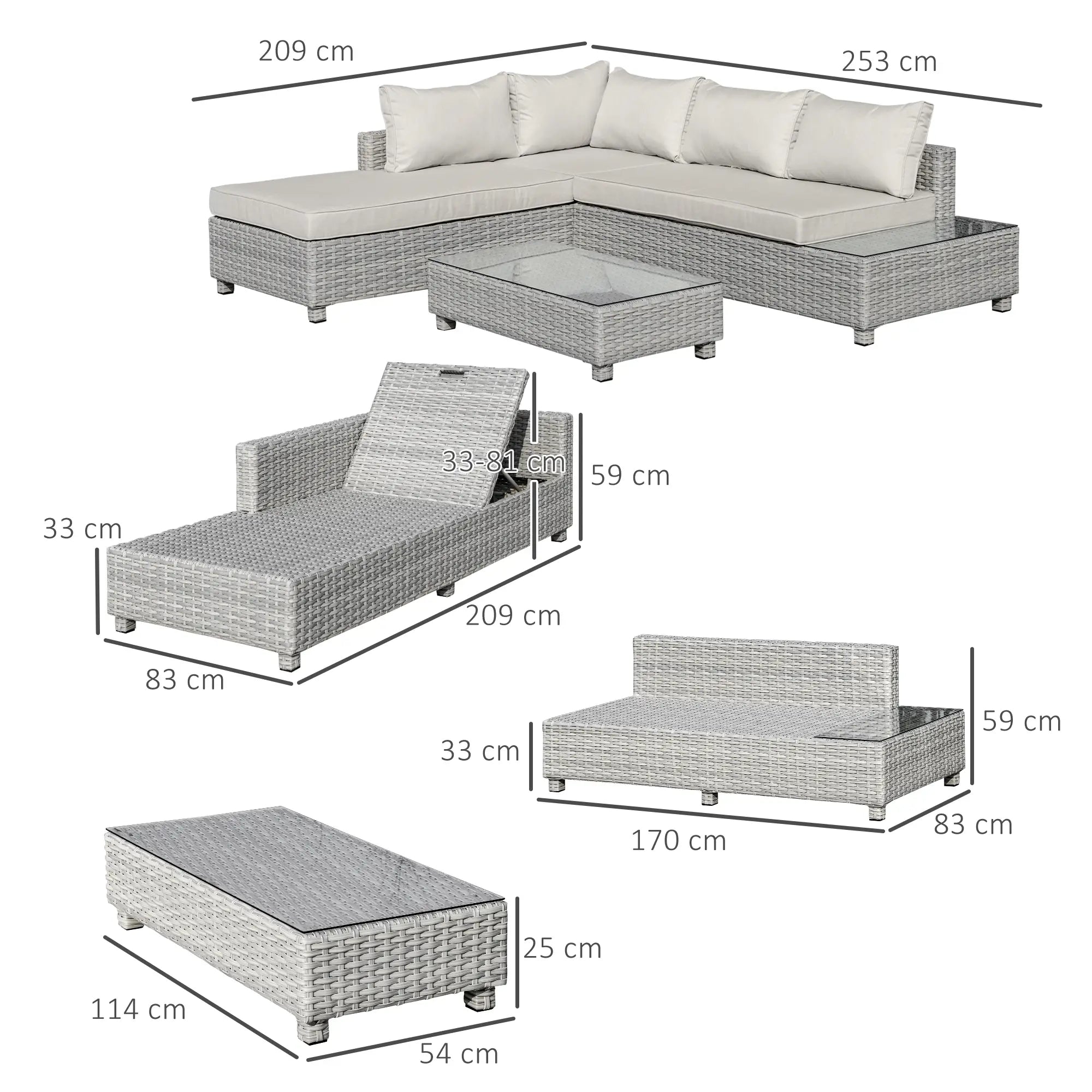 Outsunny Polyrattan Gartenmöbelset 3-tlg. verstellbar Aluminium