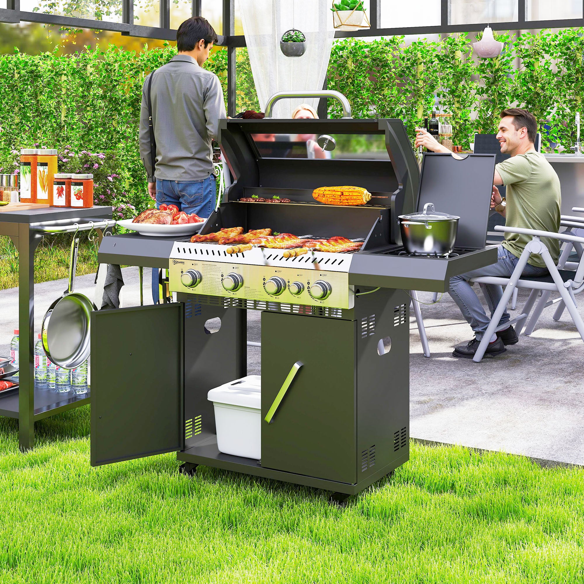 Outsunny Gasgrill 12 KW Grillwagen inkl 5 Brenner Seitenkocher Rolle Deckel Thermometer Seitenablagen 135 x 54 x 110 cm