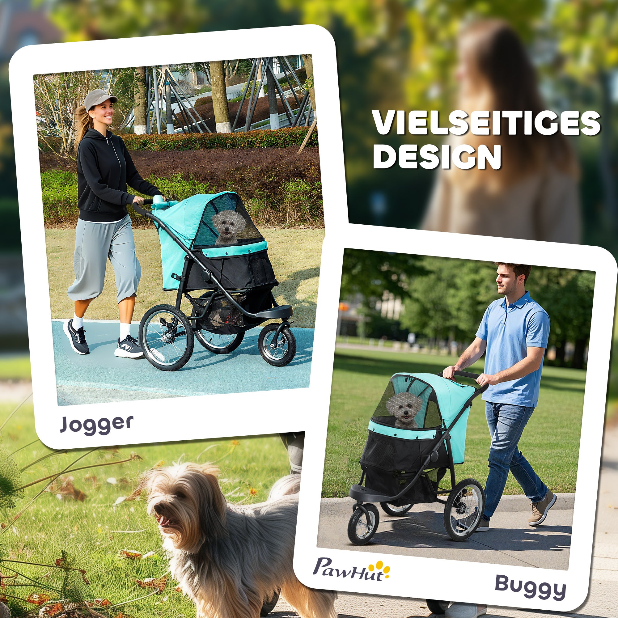 PawHut Hundebuggy, Haustierwagen für kleine Hunde und Katzen, mit Aufbewahrungskorb, Ein-Klick-Faltdesign, Türkis