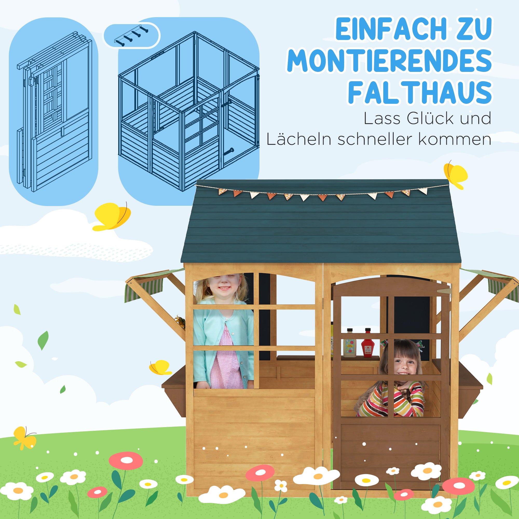 AIYAPLAY Kinderspielhaus aus Tannenholz, Faltbares Häuschen mit Fenstern, Tür, für Kinder im Alter von 3-8 Jahren, Braun+Blau