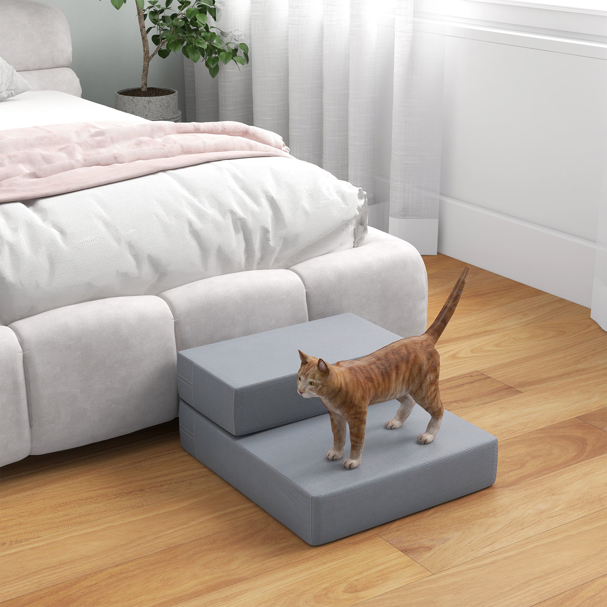 PawHut Haustiertreppe Tierunterlage 2 Stufen Klappbar bis 7 kg Hundetreppe Treppe Unterlage für Katzen und Hunde Grau L45 x B39 x H20 cm