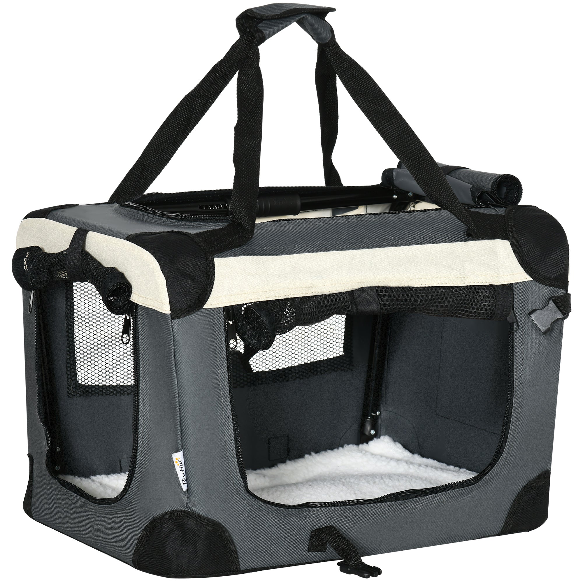 PawHut Transporttasche, Transportbox, für Katzen und kleine Hunde, faltbar, 3 Türen, grau, 50,5 x 33,5 x 35cm
