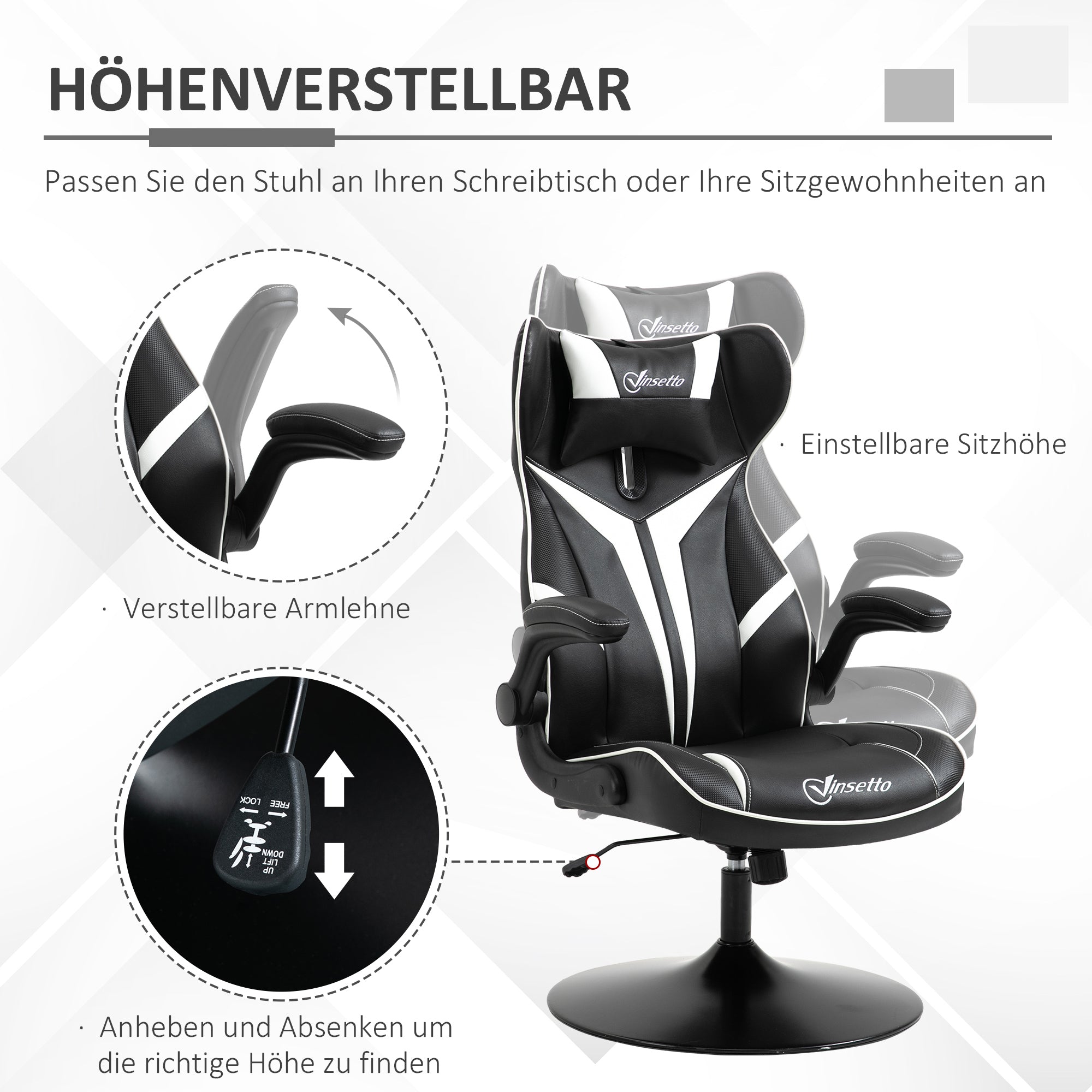 Vinsetto Gaming Stuhl ergonomischer Computerstuhl mit Wippfunktion Drehstuhl höhenverstellbar Stahl Schwarz+Weiß 67 x 70 x 106-112 cm