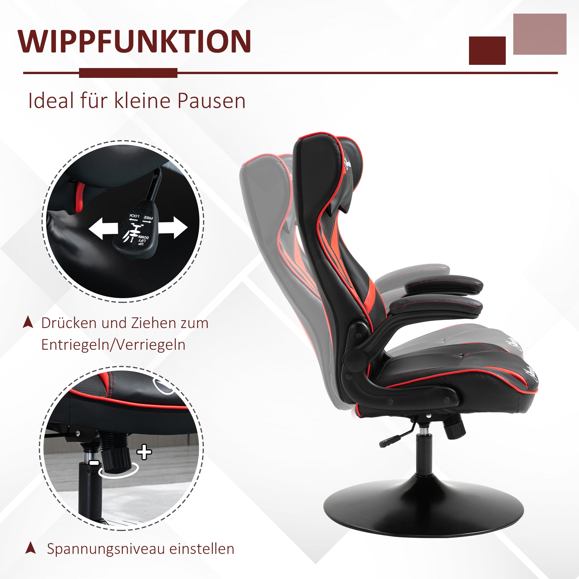 Vinsetto Gaming Stuhl ergonomischer Computerstuhl mit Wippfunktion Drehstuhl höhenverstellbar Stahl Schwarz+Rot 67 x 70 x 106-112 cm