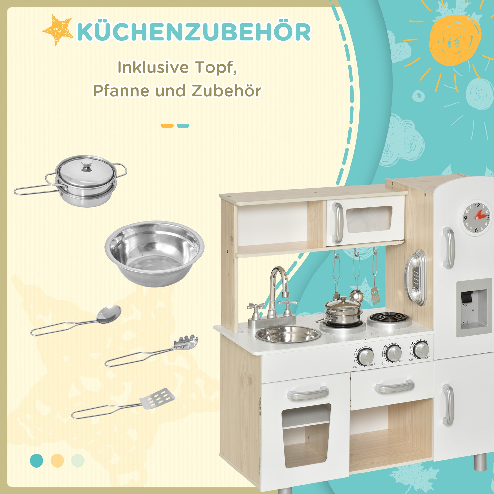 HOMCOM Kinderküche mit Zubehör, Traumküche, Spielküche, Spielzeugküche für Kinder ab 3 Jahren, Kiefer, MDF, Weiß, 74 x 30 x 81 cm