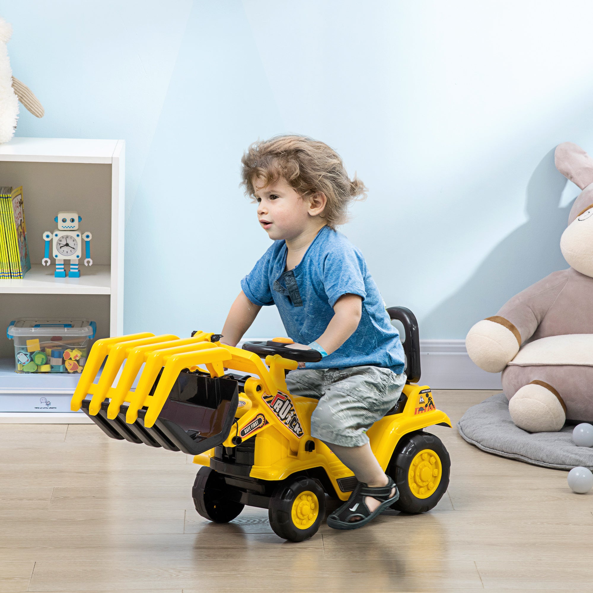 HOMCOM Aufsitzbagger, mit Kralle, Hupe, Sound-Effekten, Stauraum, Kippschutz, für Kinder 2-4 Jahre