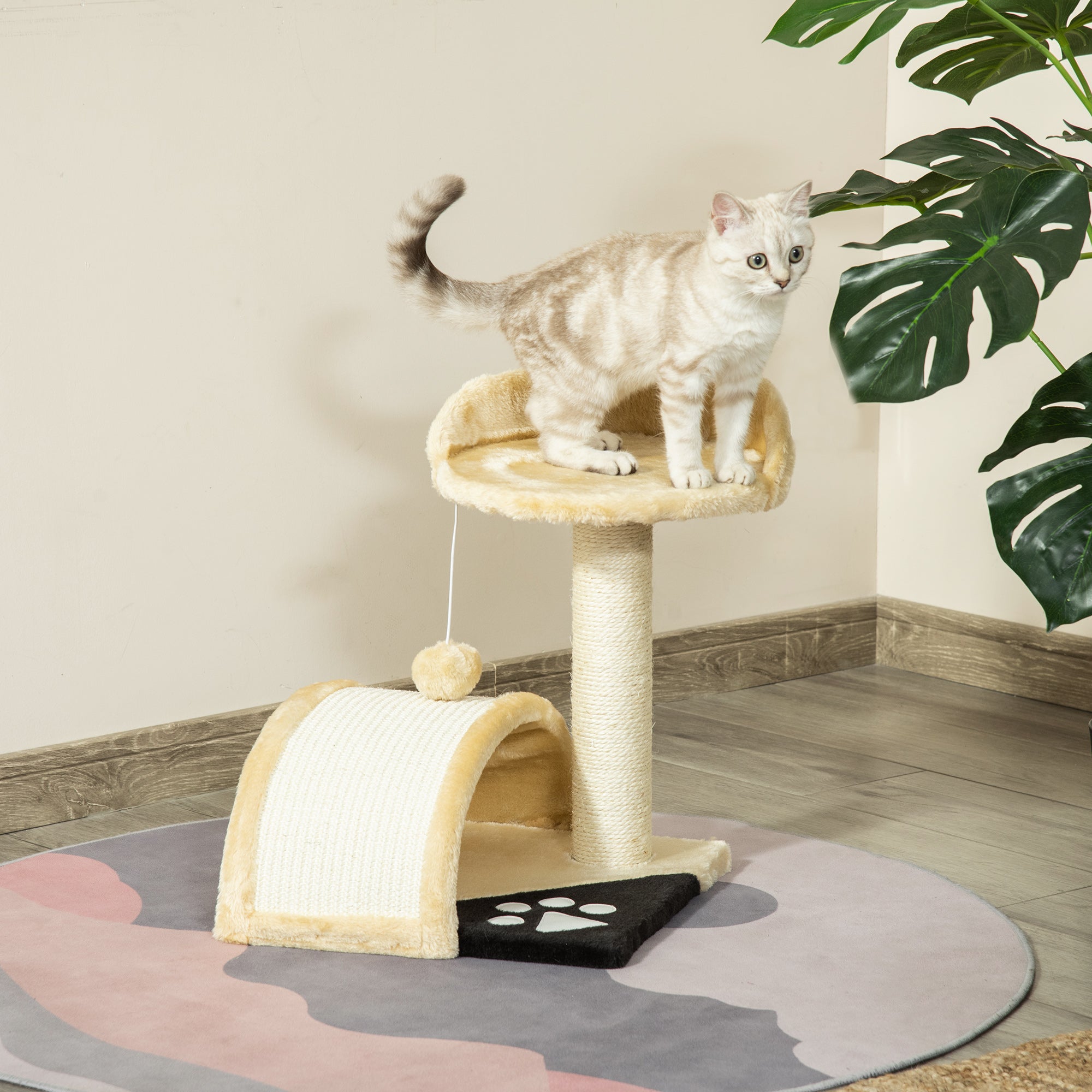 PawHut Kratzbaum Katzenbaum mit Spielbällen Katzenkratzbaum Sisalseil-Kratzstangen Beige 35,5 x 37 x 46 cm