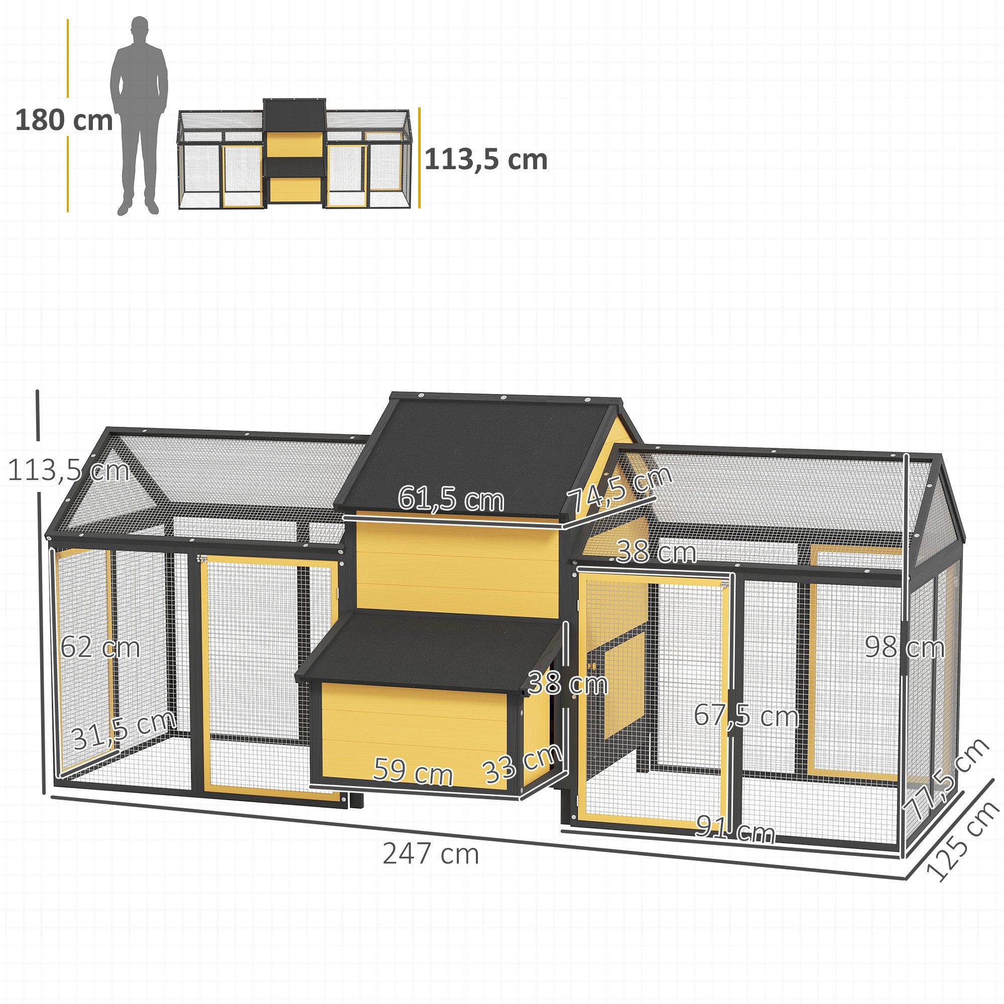 PawHut Hühnerstall Kleintierstall 2 Außengehege, 1 Nistkasten, 2 Rampen,Asphaltdach, wetterbeständig, Gelb