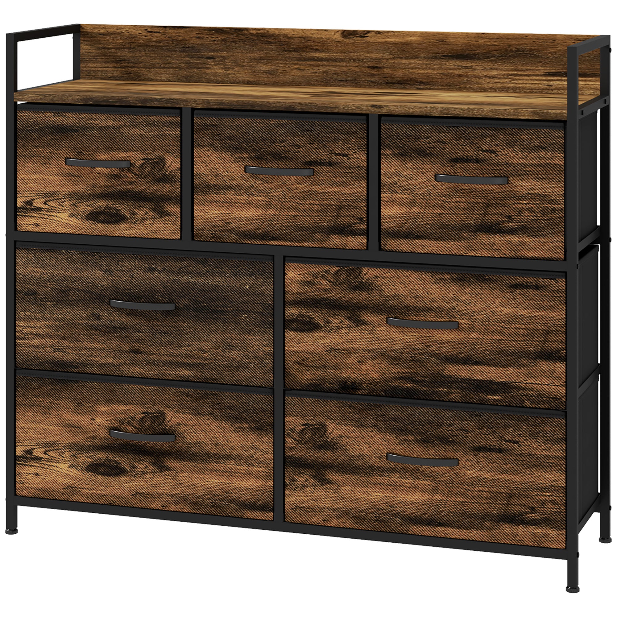 HOMCOM Kommode, Sideboard mit 7 Stoffschubladen, Industrial Design, Stahlrahmen, 98x29x85cm, Braun/Schwarz