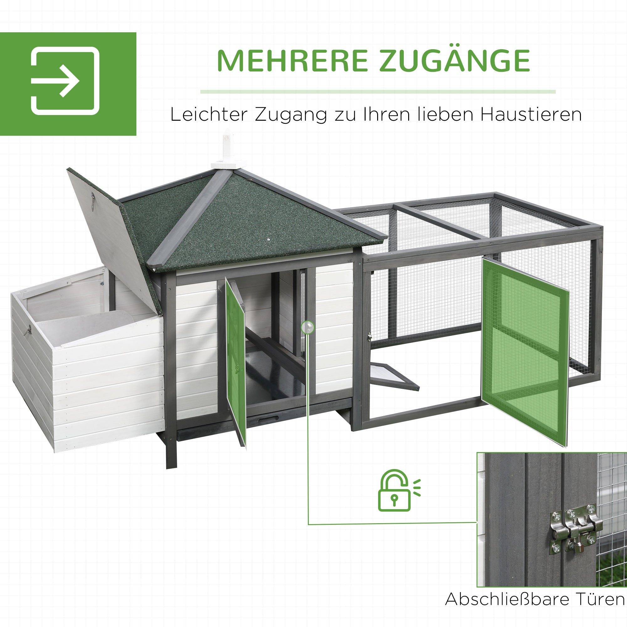 PawHut Hühnerstall für Zwerghühner 196 x 76 x 97 cm Hühnerhaus mit Nistkasten, Freilaufgehege Sitzstange, Kleintierstall aus Holz, Grau