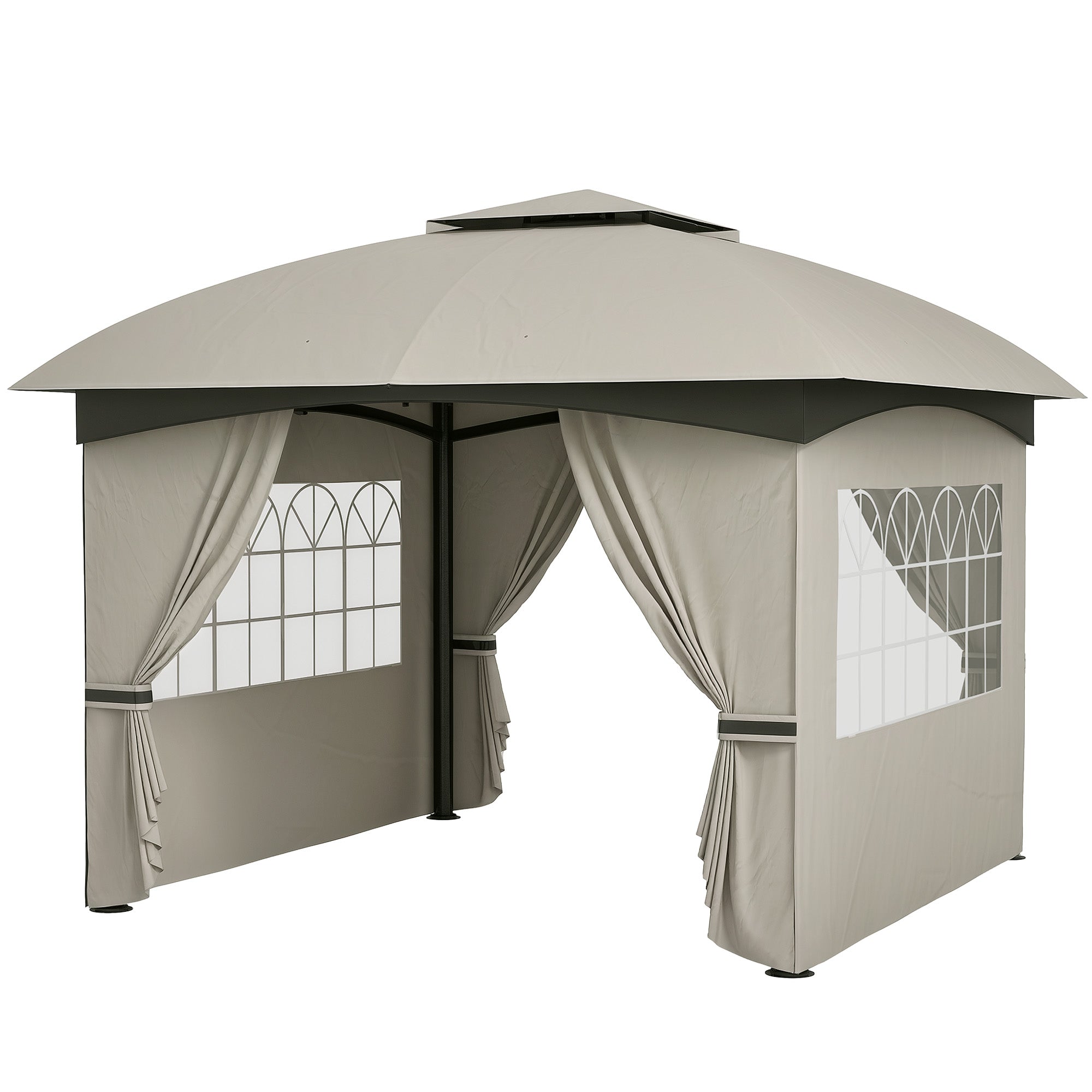 Outsunny 3,4 x 3,4 m Gartenpavillon, Bierzelt mit Lüftungsdach, Bogenfenstern, Stahlgestell, Hellgrau