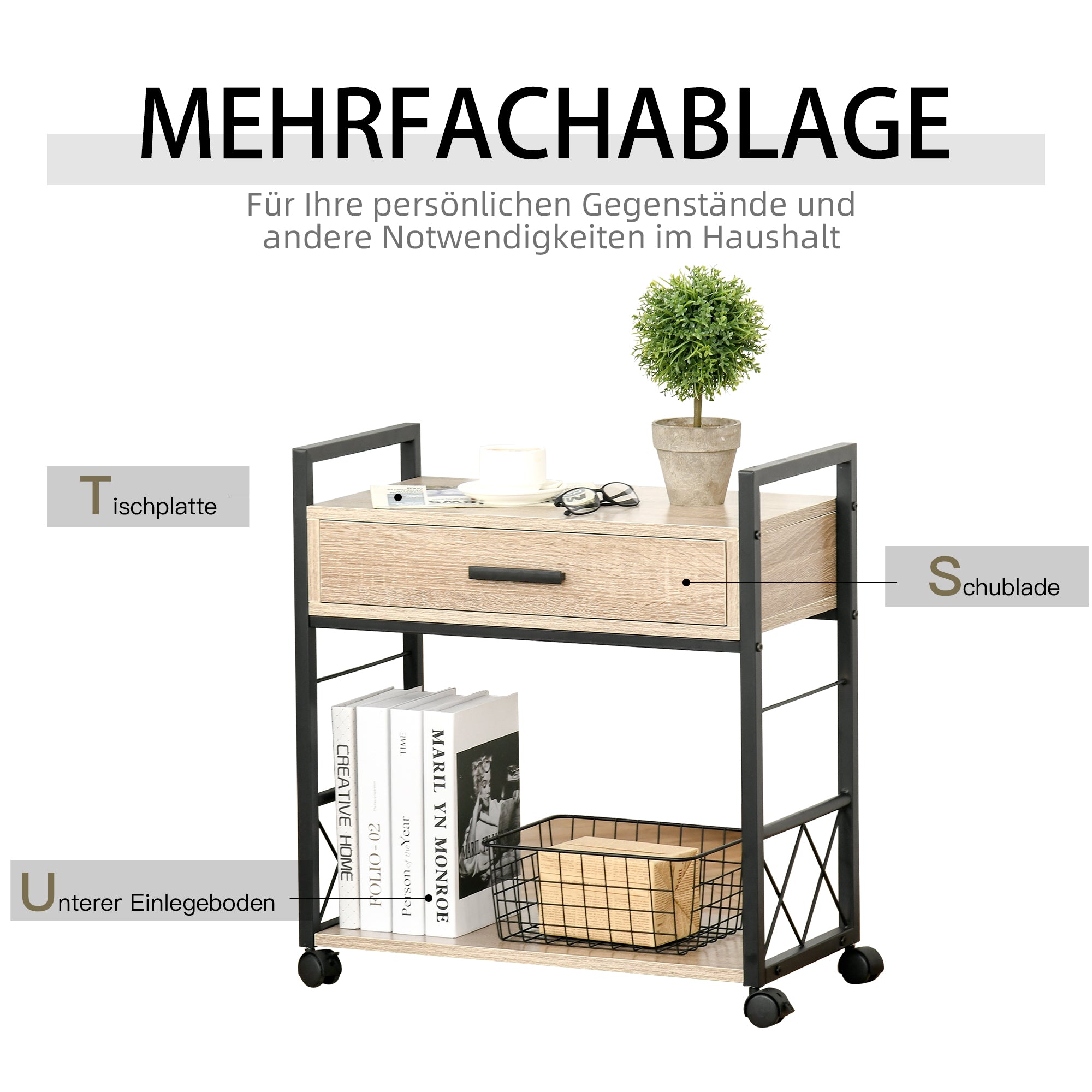 HOMCOM Beistelltisch Servierwagen mit Rädern Küchenwagen Kaffeetisch mit Schublade Ablage Sideboard beweglich Spanplatte Natur 60 x 30 x 65 cm