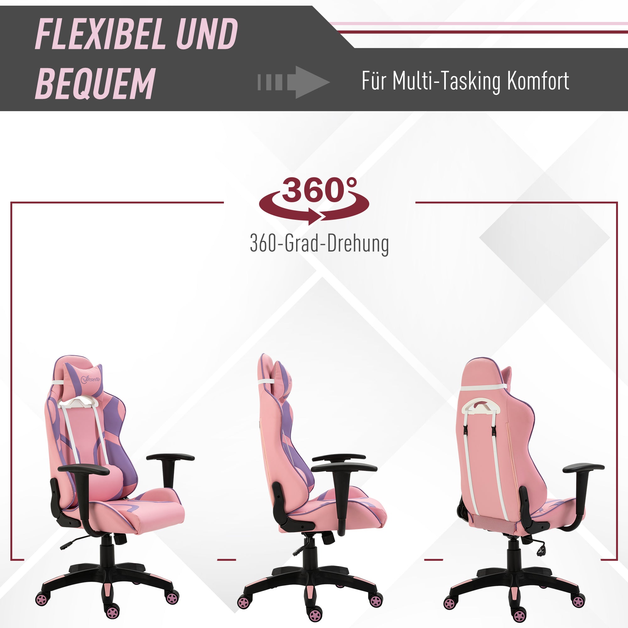 Vinsetto Ergonomischer Gaming Stuhl Bürostuhl Drehstuhl Verstellbares Massage Lendenkissen Höhenverstellbar Rosa&Violett 69x56x125,5 cm