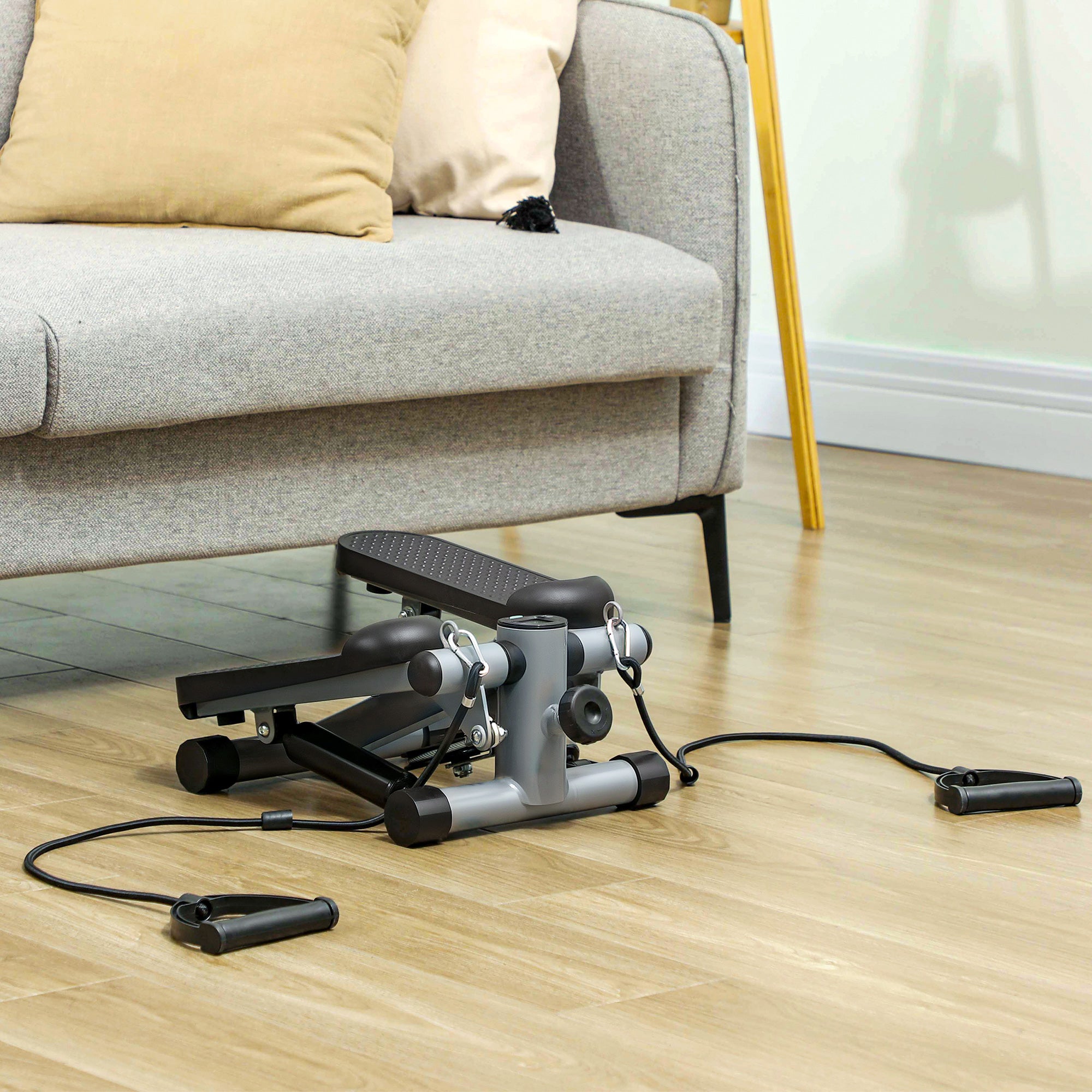 SPORTNOW 2 in 1 Mini-Stepper für Zuhause mit Power Ropes, LCD-Display Up-Down Swing Stepper 41 x 30,5 x 18,5 cm Grau