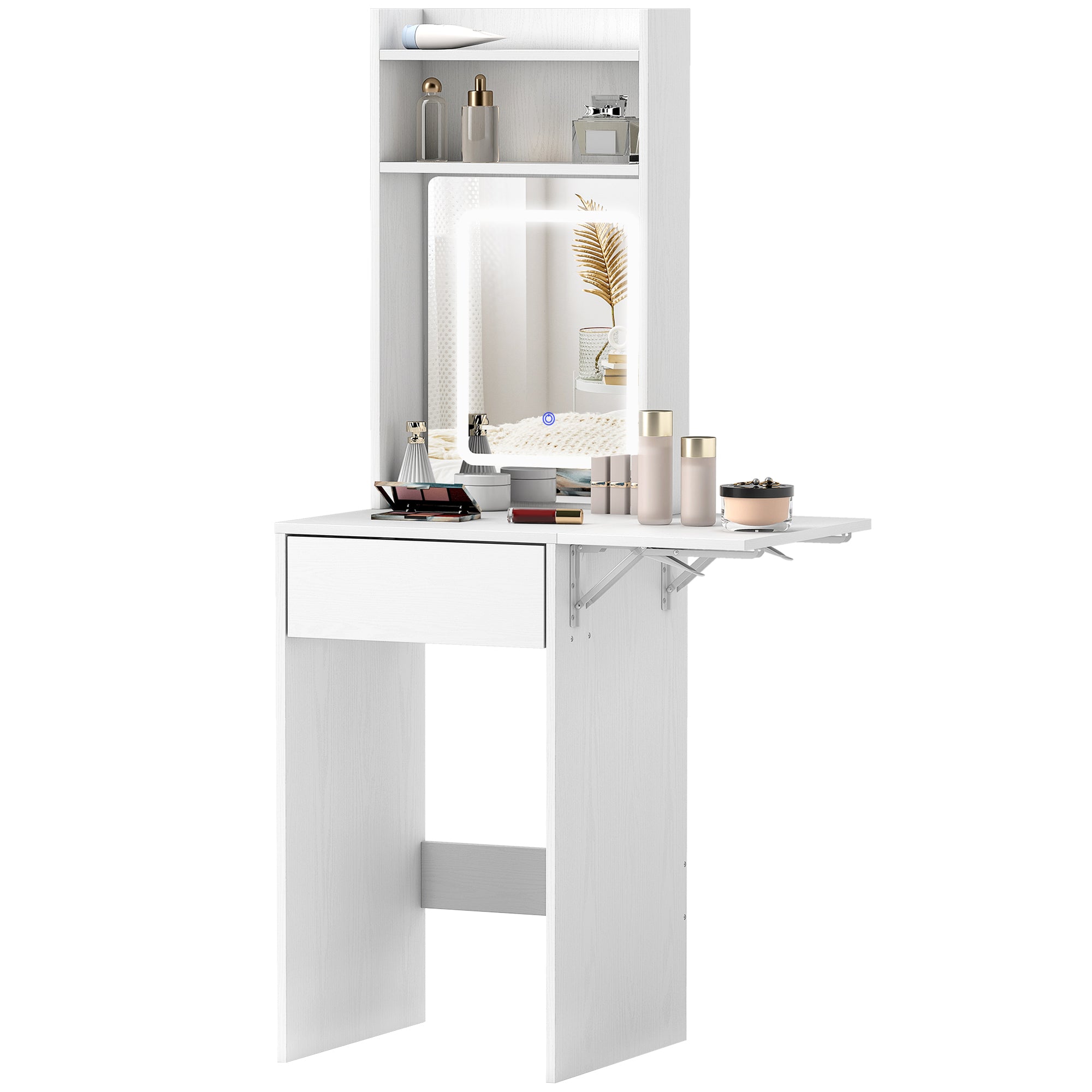 HOMCOM Kompakter Schminktisch mit Spiegel und LED-Beleuchtung, klappbare Tischplatte, offenere Regale, Schublade, MDF, Weiß