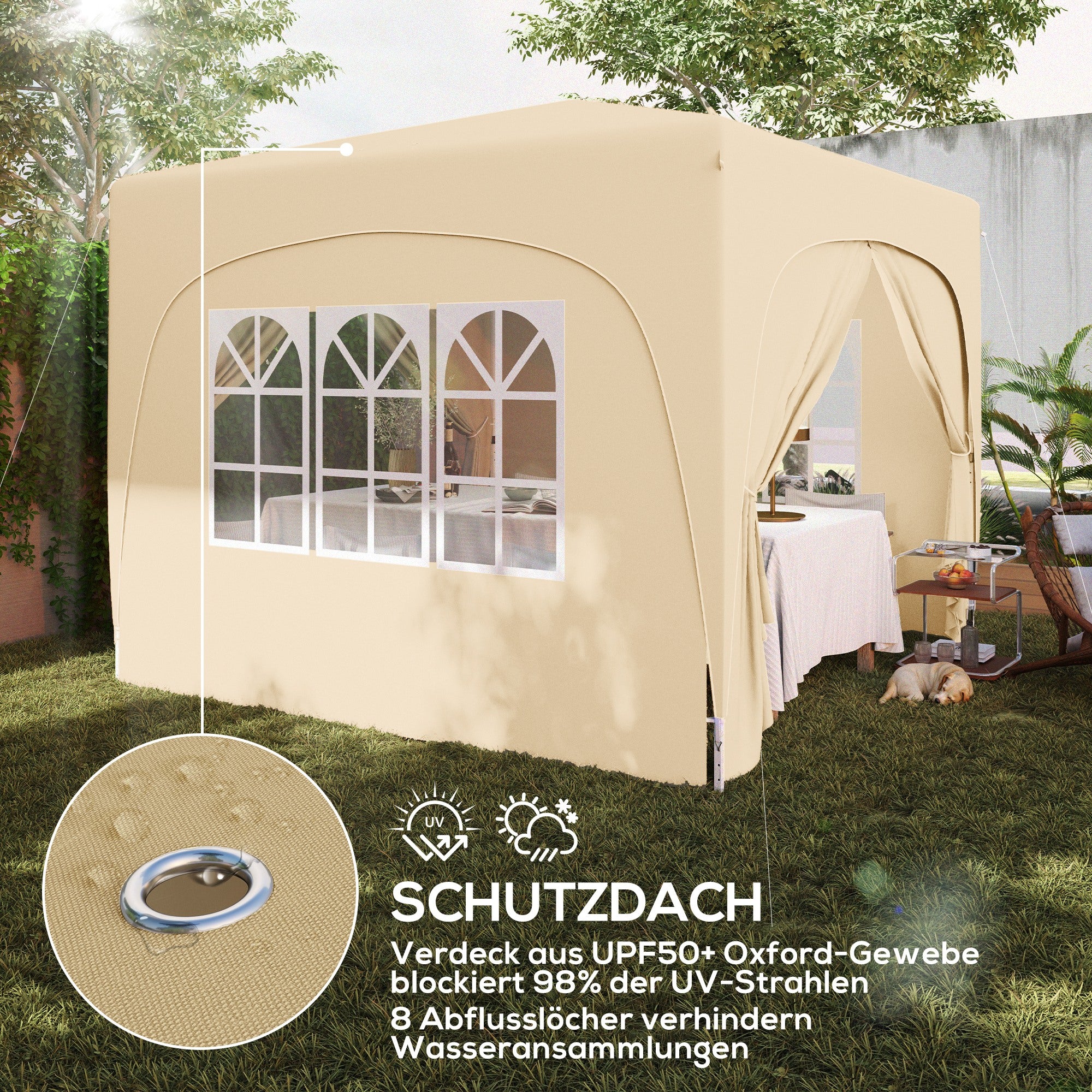 Outsunny 3 x 3 m Pavillon, Pop-up Gartenzelt mit Seitenwänden und Tragetasche, UPF50+, höhenverstellbar, Sand