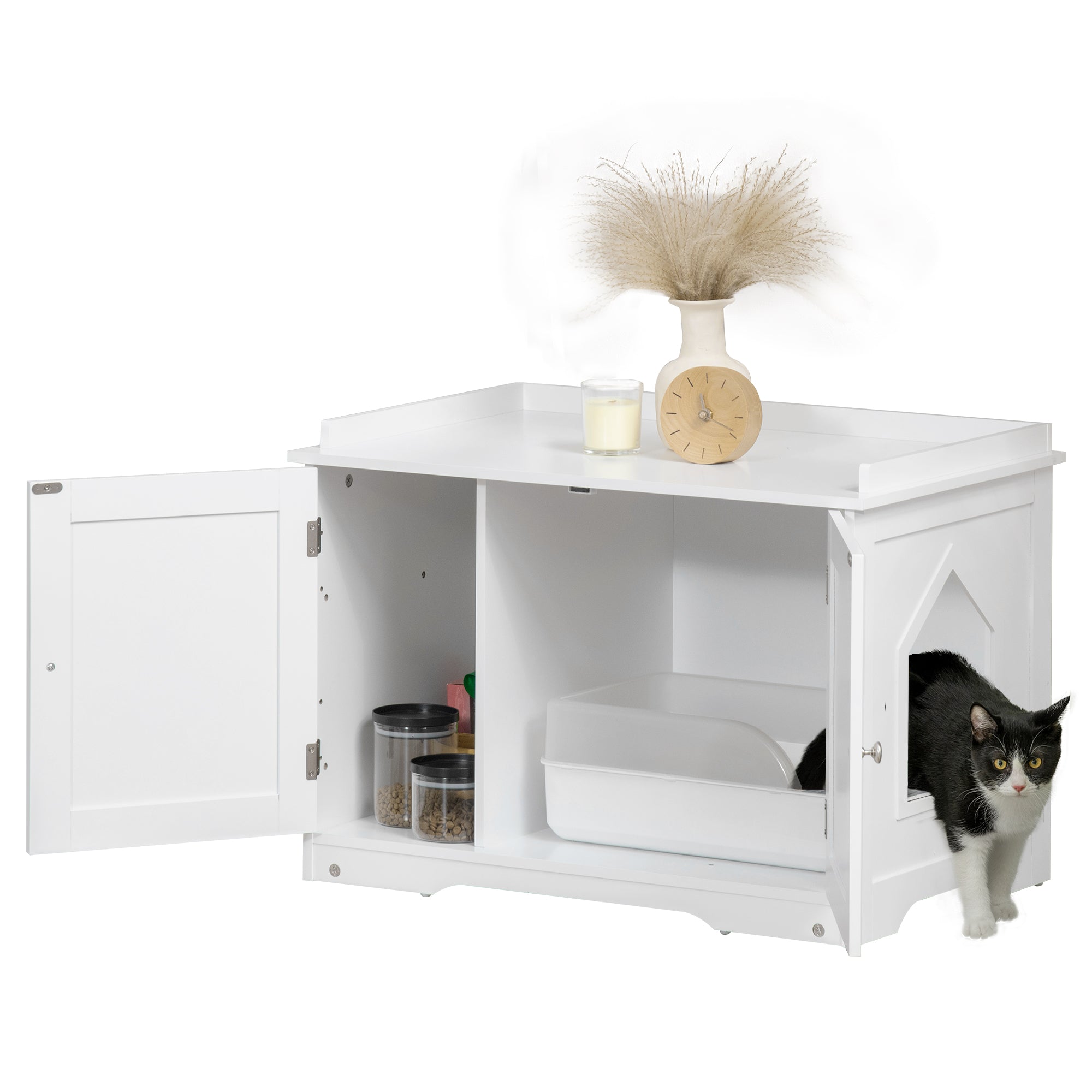 PawHut Katzentoilette, Katzenhaus, mit Trennwand, magnetischer Doppeltür, seitlicher Ablage, weiß, 86 x 48 x 52cm