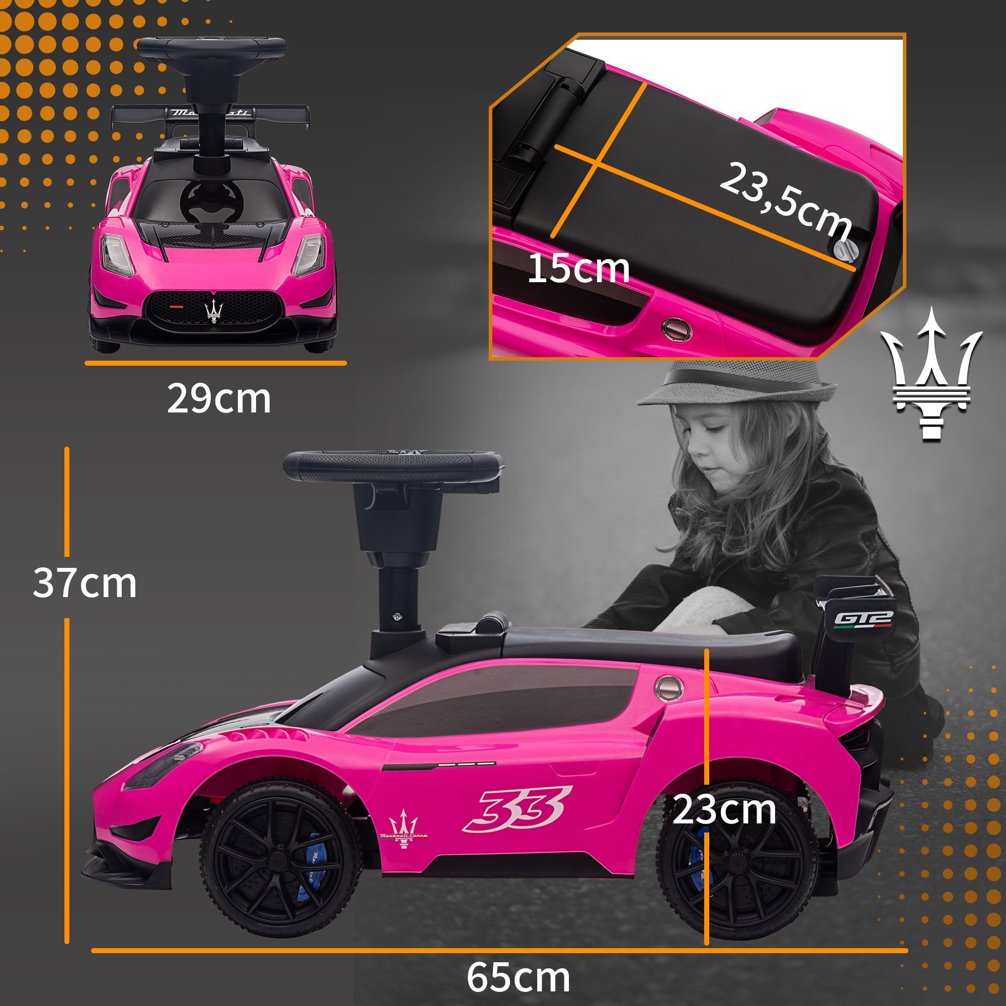 AIYAPLAY Rutschauto, Lizenzfahrzeug, interaktive Hupen- und Musikknöpfe, Kunststoff und Stahl, Rosa, 65 x 29 x 37 cm