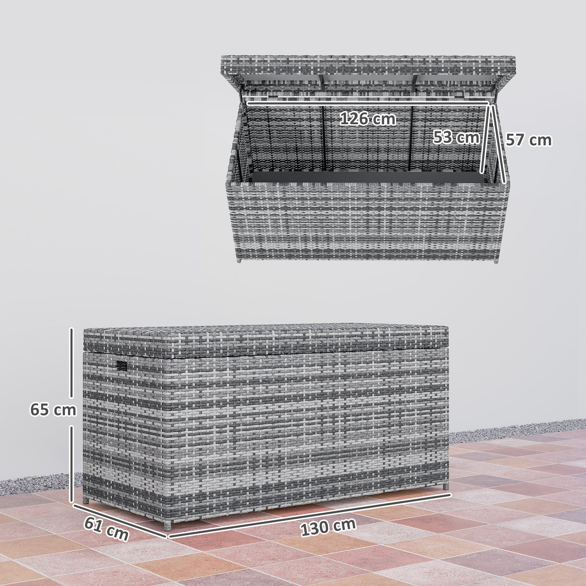 Outsunny Rattan Auflagenbox 380L wetterfest Kissenbox mit Deckel Stauraum UV-beständig 130 x 61 x 65 cm Dunkelgrau